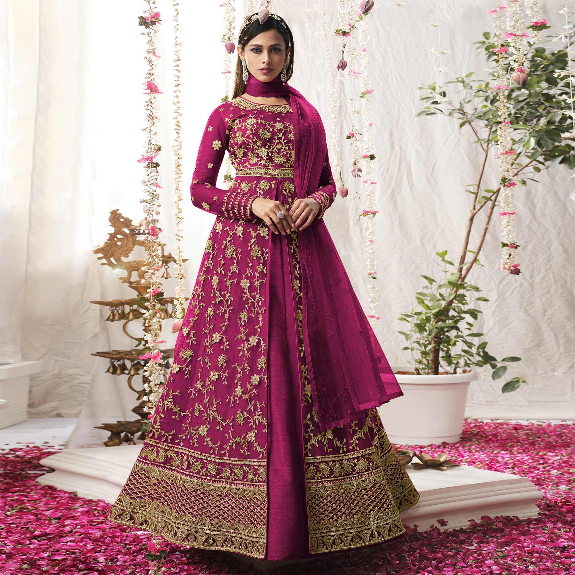 Peachmode Hot Pink Embroidered Netted Anarkali Suit