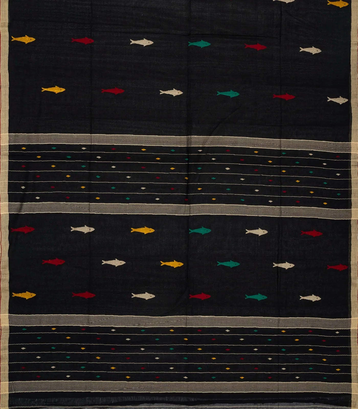 RmKV Black Handloom Bengal Cotton Saree With Fish Motifs - view 2