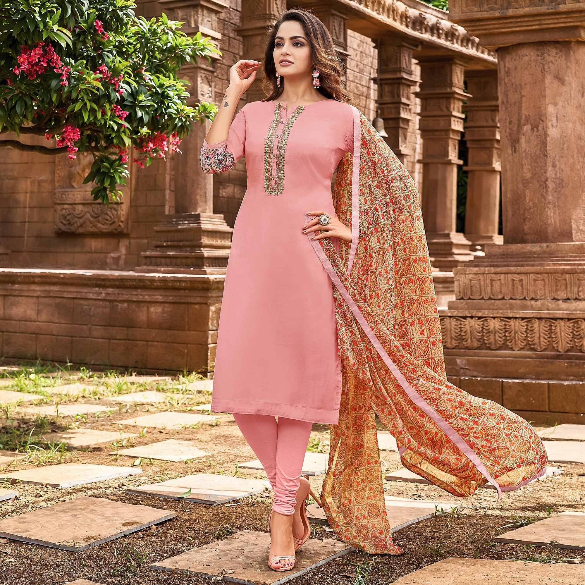 Peachmode Light Pink Casual Wear Embroidered Chanderi Dress Material
