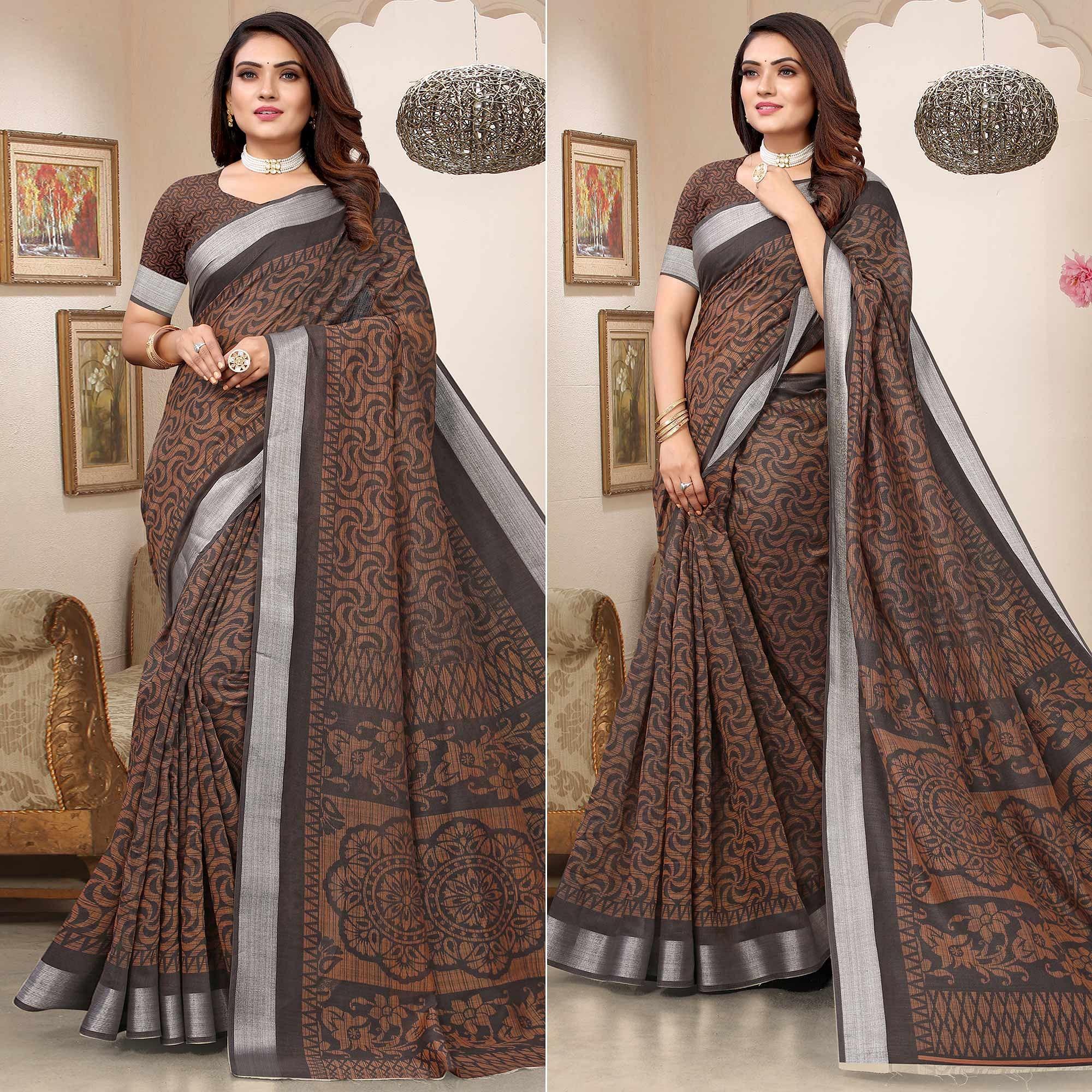 Peachmode Coffee Printed Linen Saree – Women's - view 3