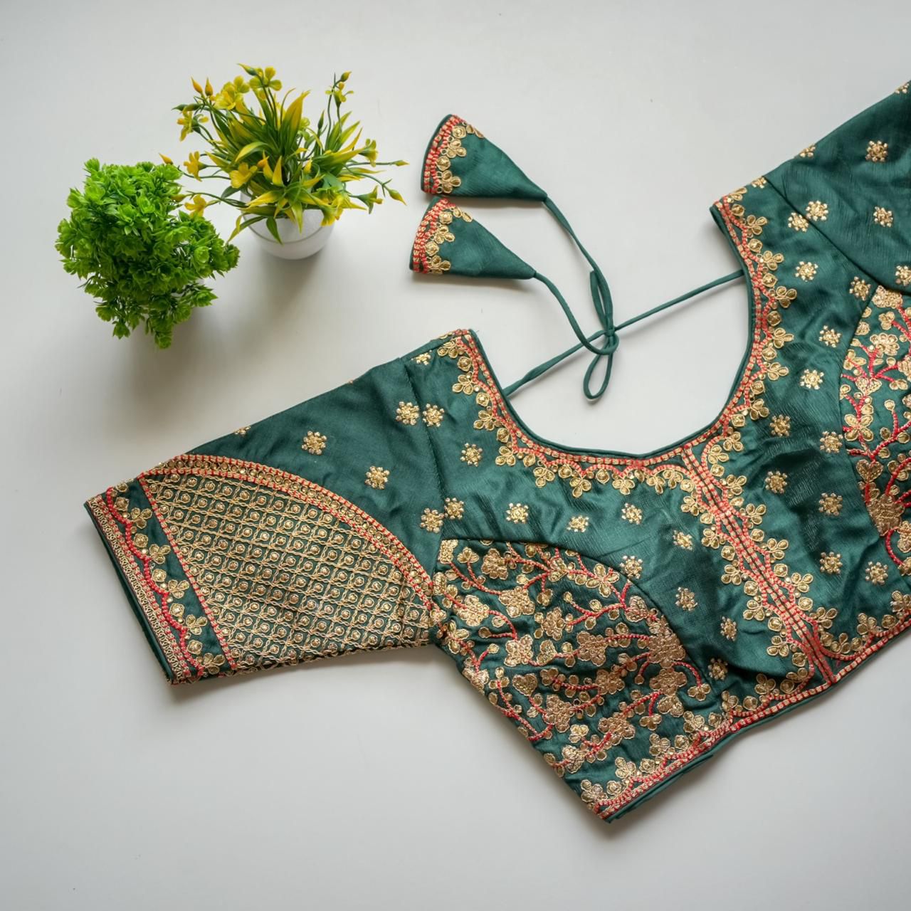 ClothsVilla Green Mulmul Silk Blouse with Golden Embroidery and Sequins