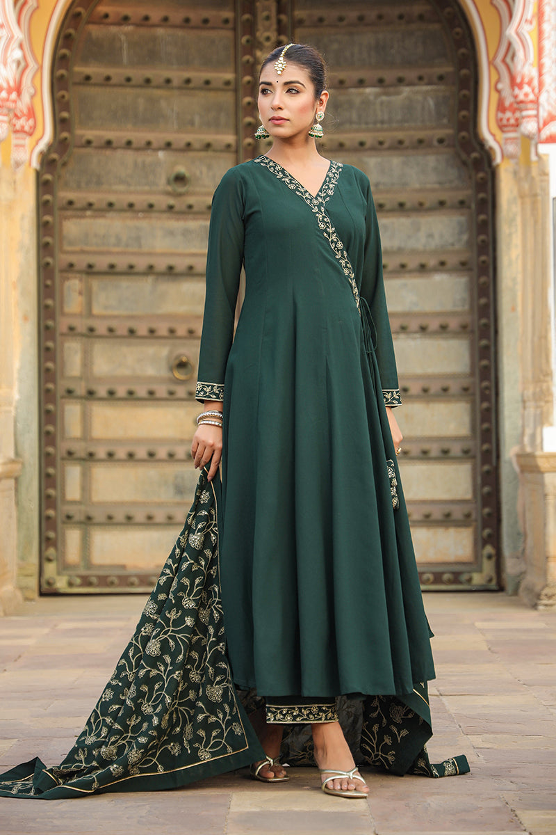 Ahika Dark Green Poly Georgette Angrakha Pant With Dupatta PKSKD1912 - view 2