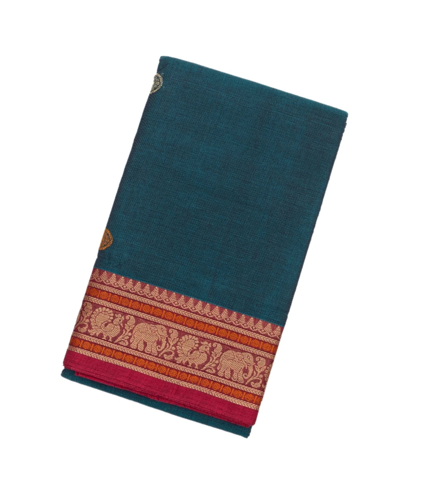 RmKV Teal Handloom Kanchi Cotton Saree With Annam Buttas.