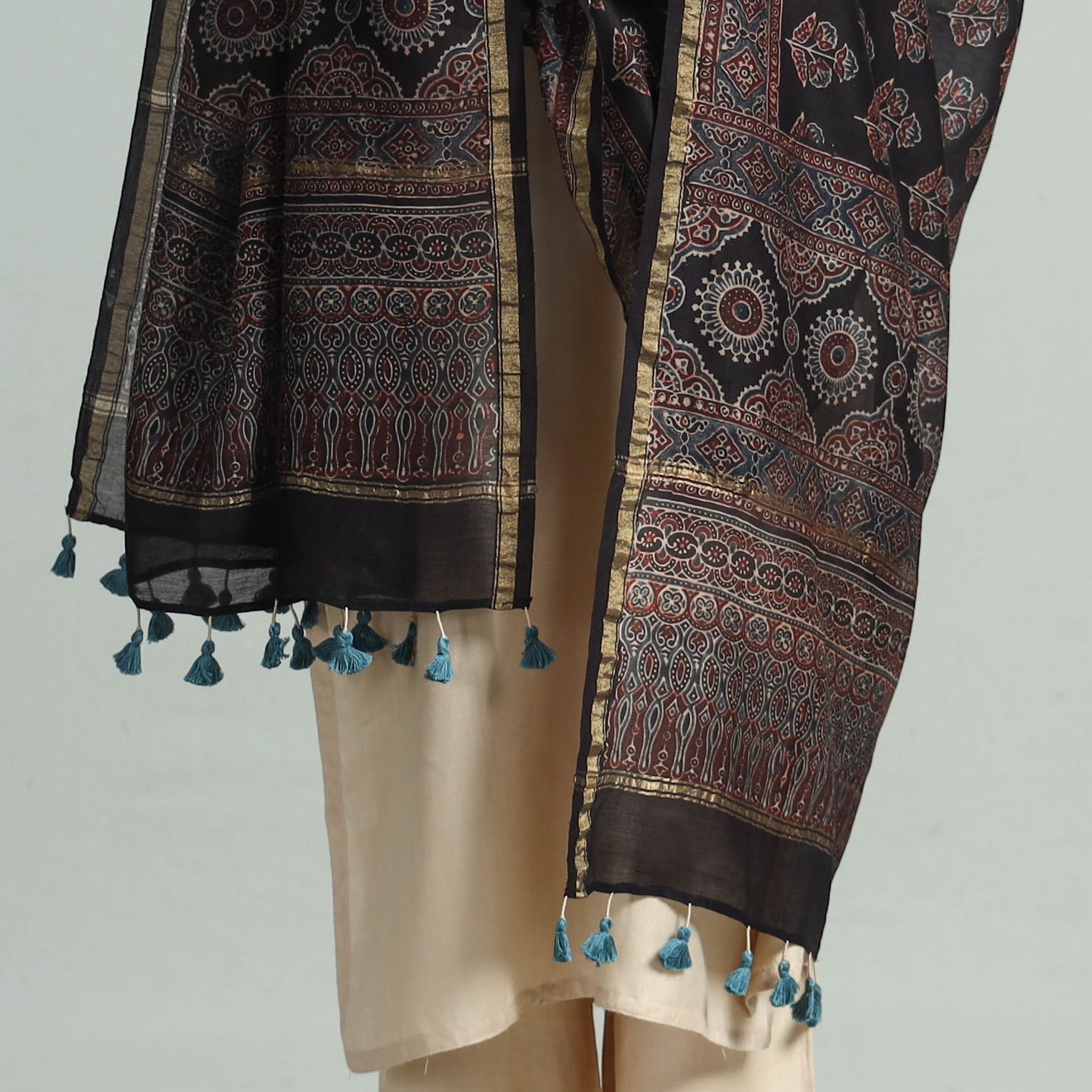 KACHCHH JI CHHAAP Black - Hand Block Print Chanderi Silk Ajrakh Dupatta 70 - view 4