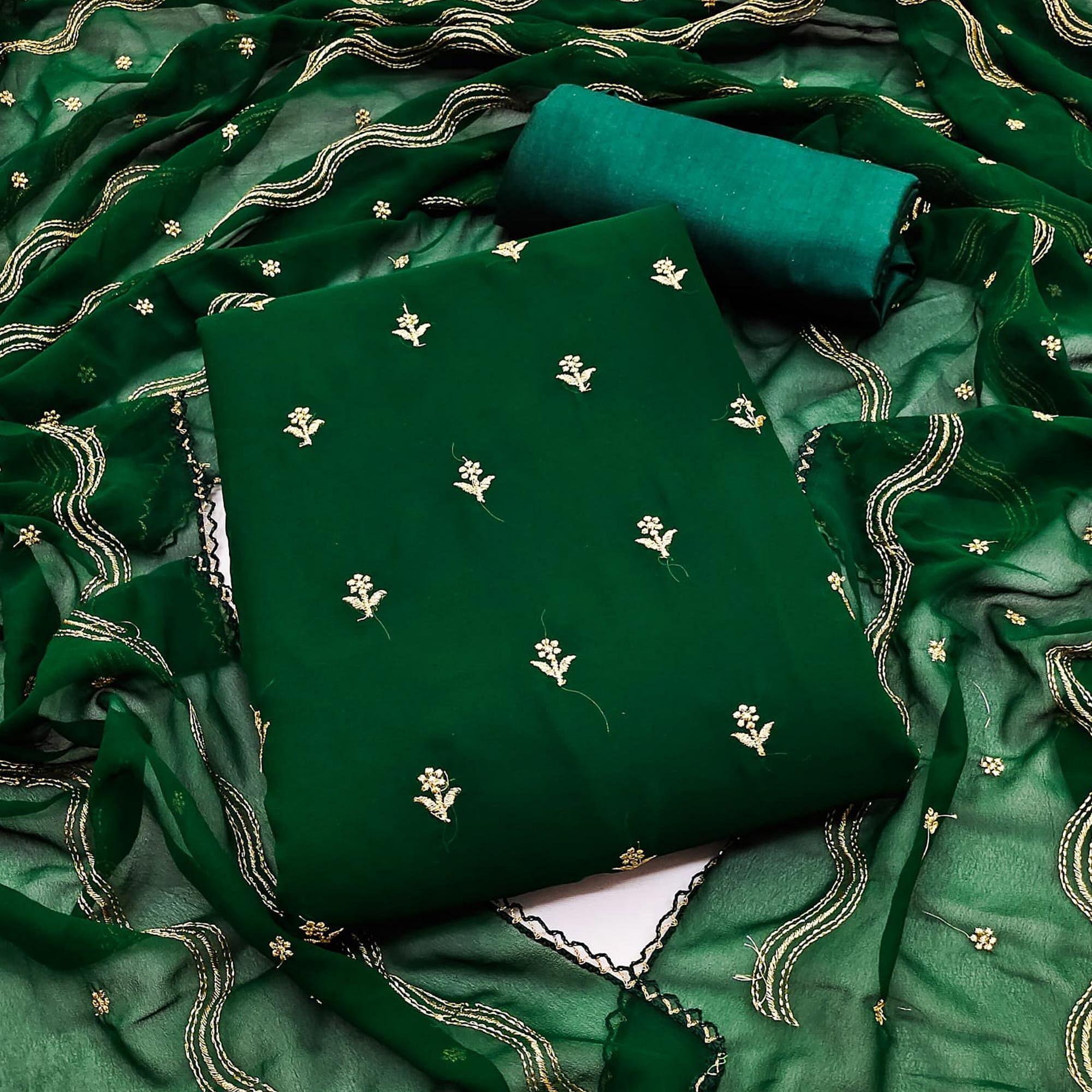 Peachmode Bottle Green Embroidered Georgette Dress Material