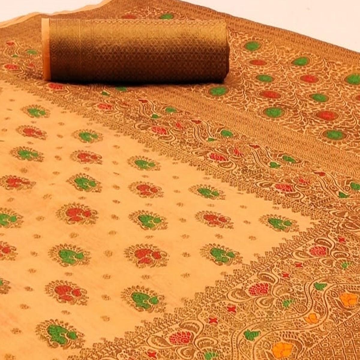 Peachmode Intricate Light Orange Colored Festive Wear Woven Cotton Saree - view 2