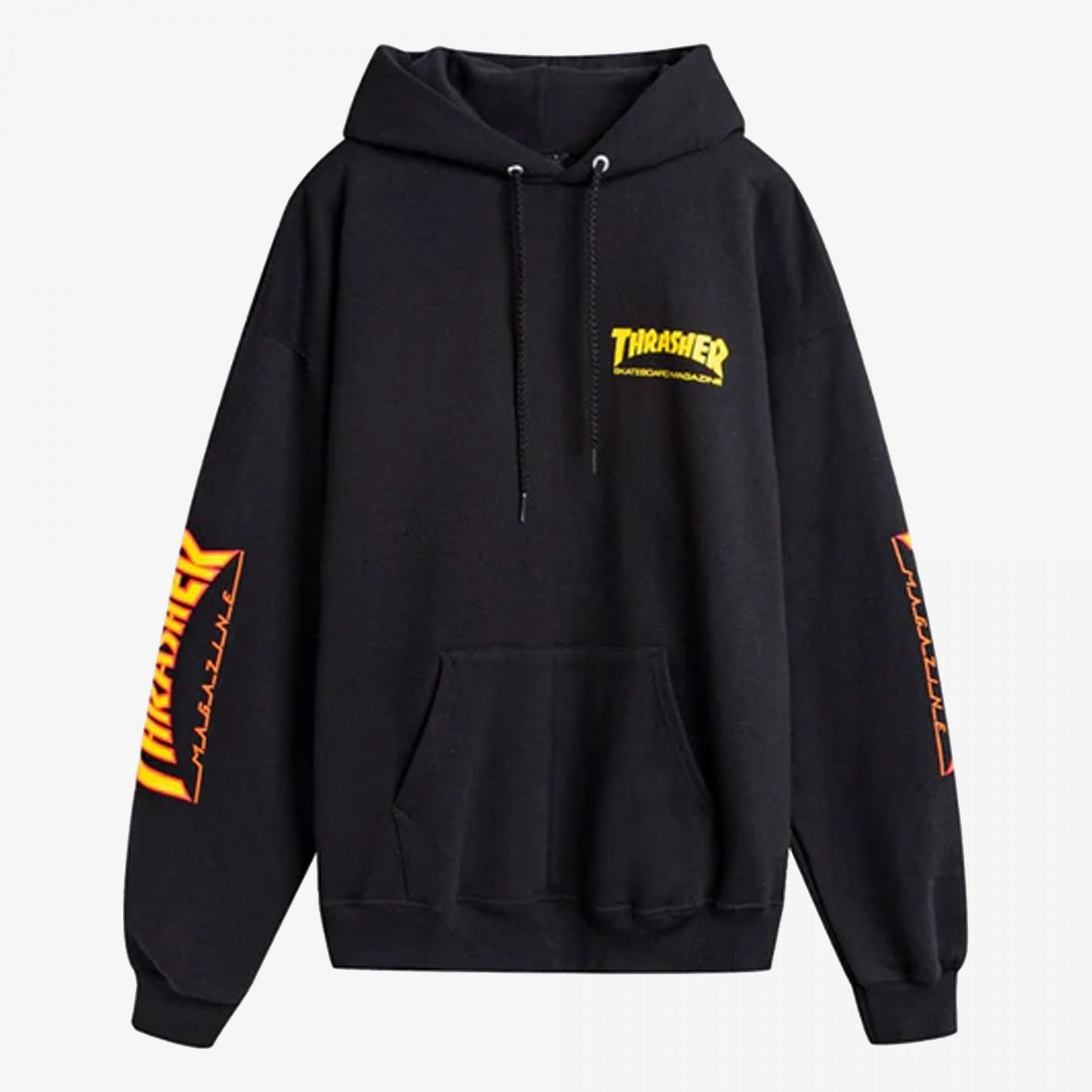 Thrasher | FLAME HOODIE DOUBLE LOGO FLAME PRINT HOODIE { BLACK - view 2