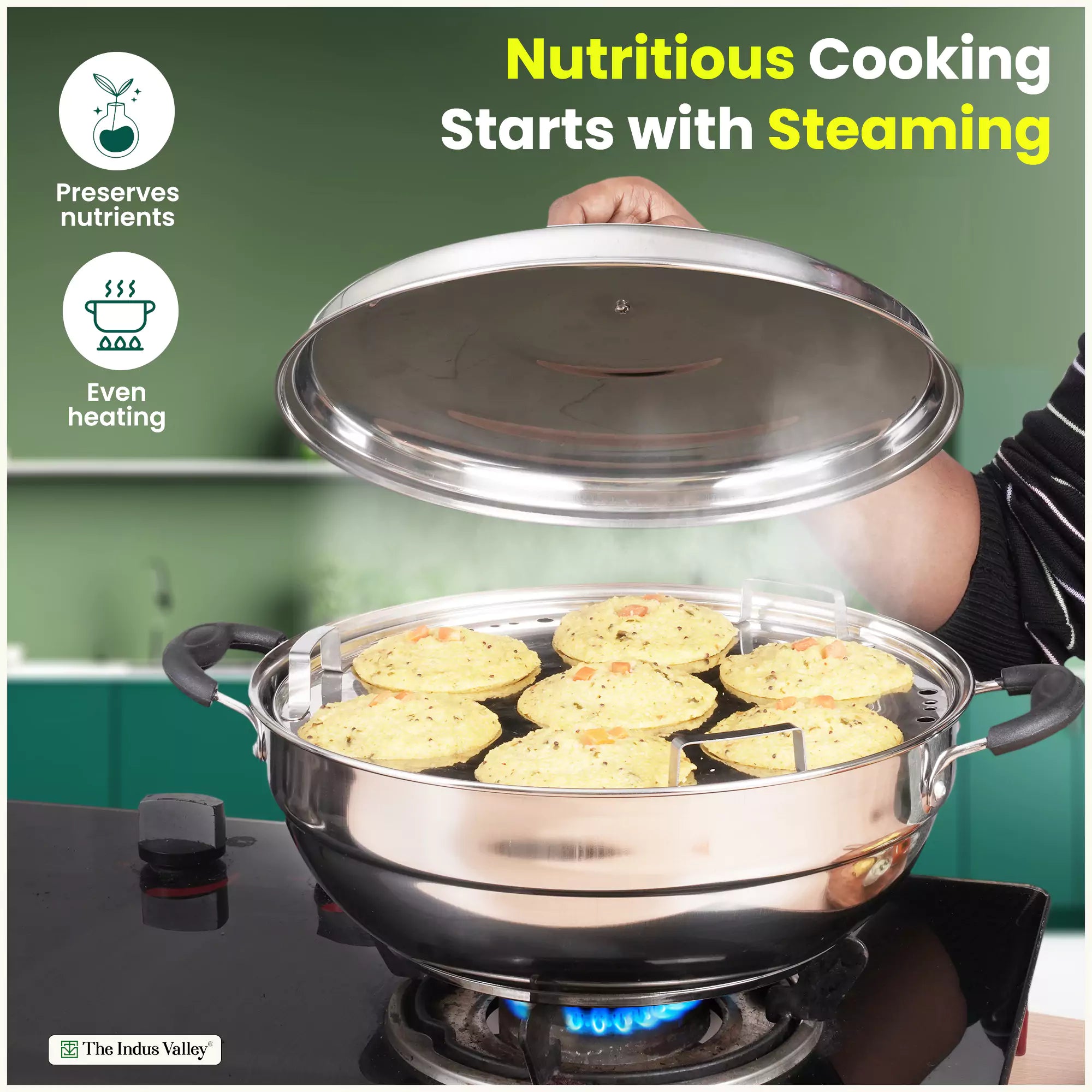 The Indus Valley Tri-Steel Premium Stainless Steel Idli/ Dhokla/ Momo Maker/ Multi Pot/ Veg Steaming Set, Tri-ply Induction Bottom, 7 pit, 5 Plates, 4 - view 5