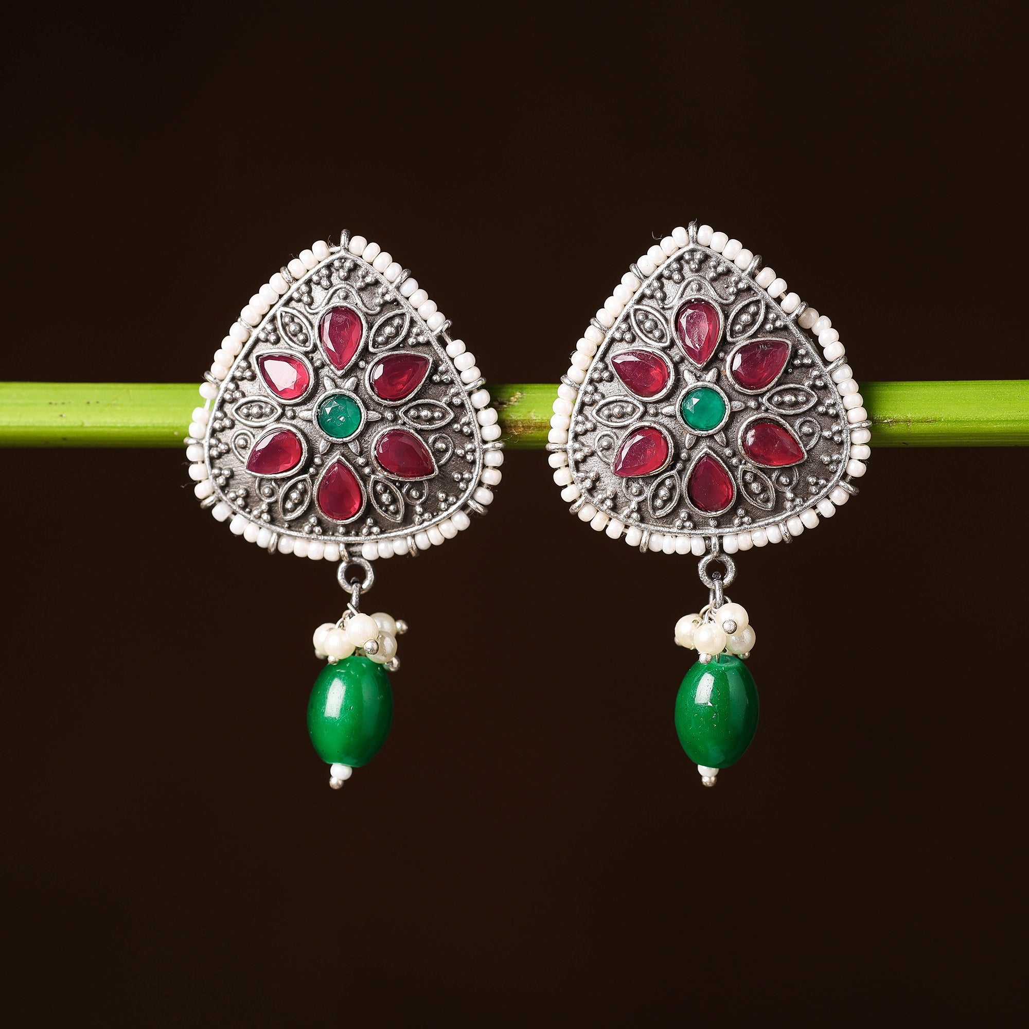 WHITE RIVER STORIES Antique Silver Finish Oxidised Brass Base Stone & Bead Work Earrings