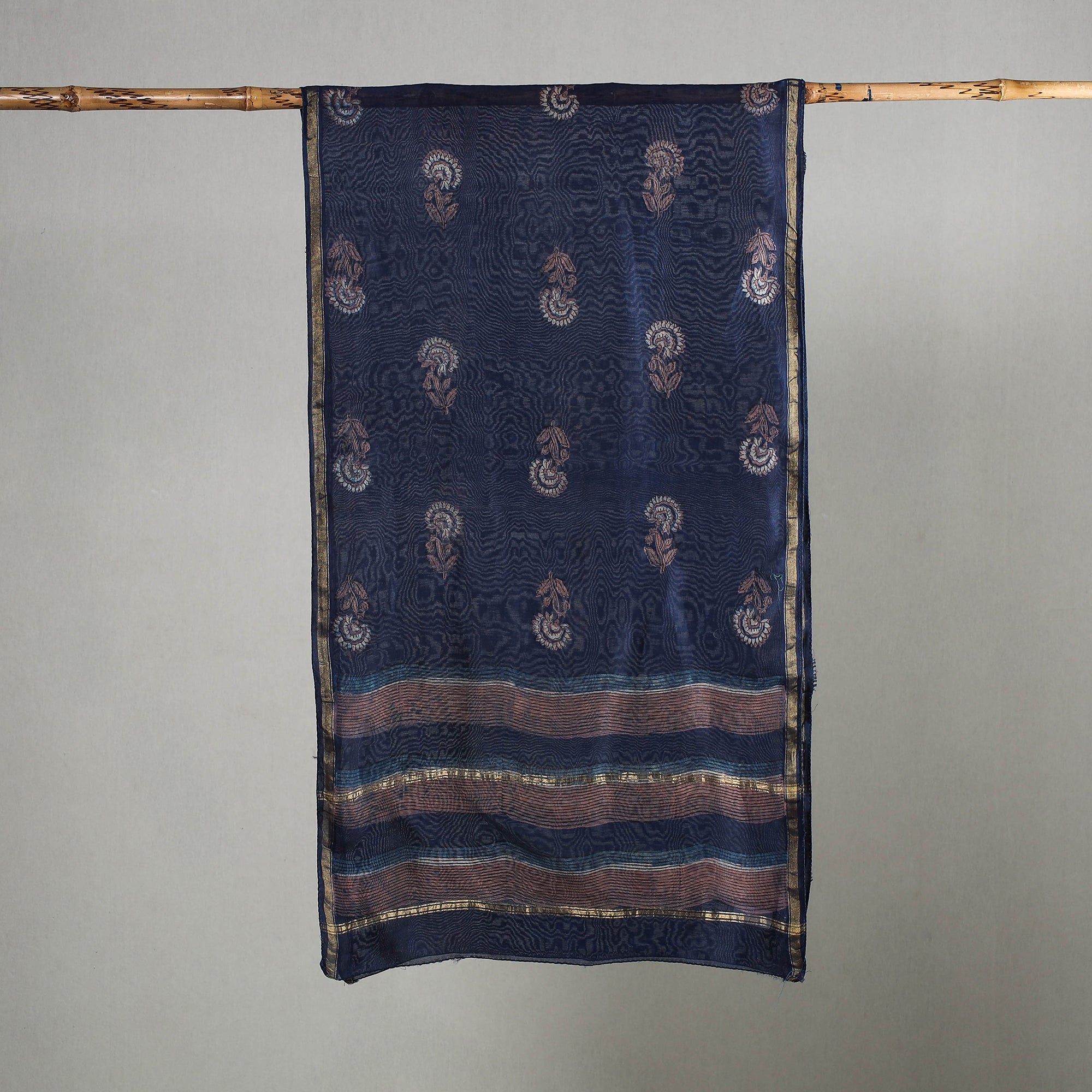 HAVELI CHRONICLES Blue - Akola Block Printed Chanderi Silk Handloom Stole with Zari Border - view 2