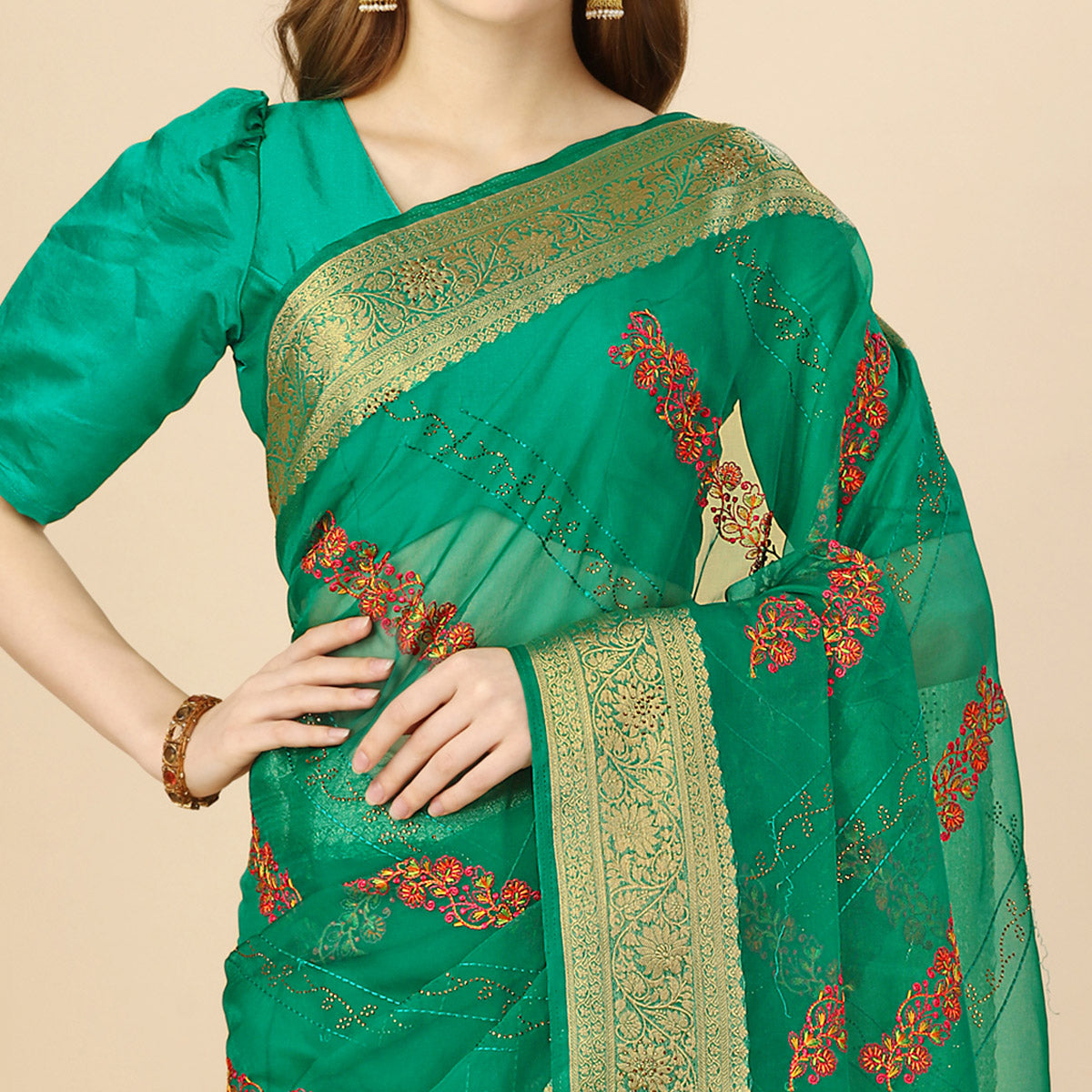 BlackTree green-floral-embroidery-with-swarovski-work-organza-saree - view 3