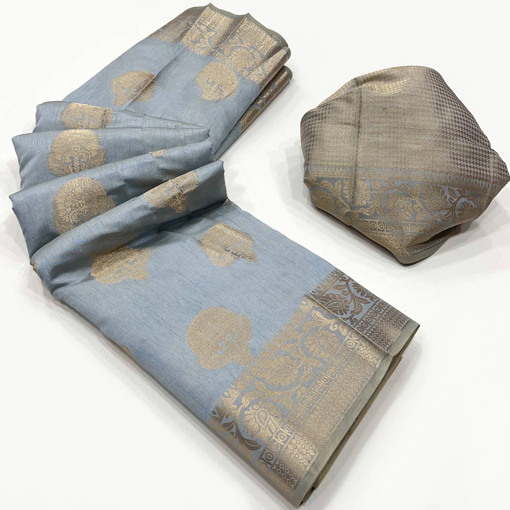 Peachmode Grey Zari Woven Raw Silk Saree – Women's