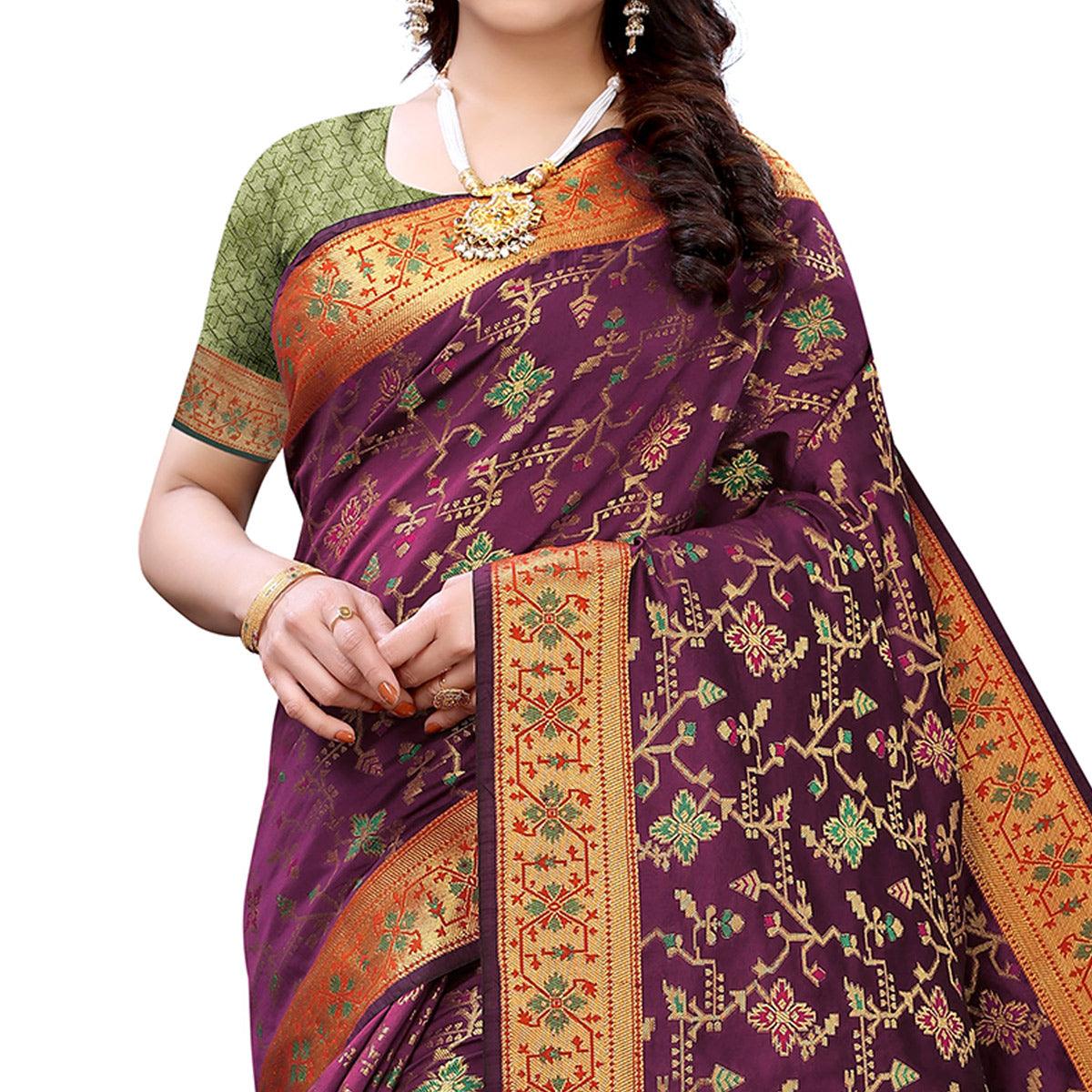 Peachmode Intricate Purple Colored Festive Wear Woven Silk Saree - view 2