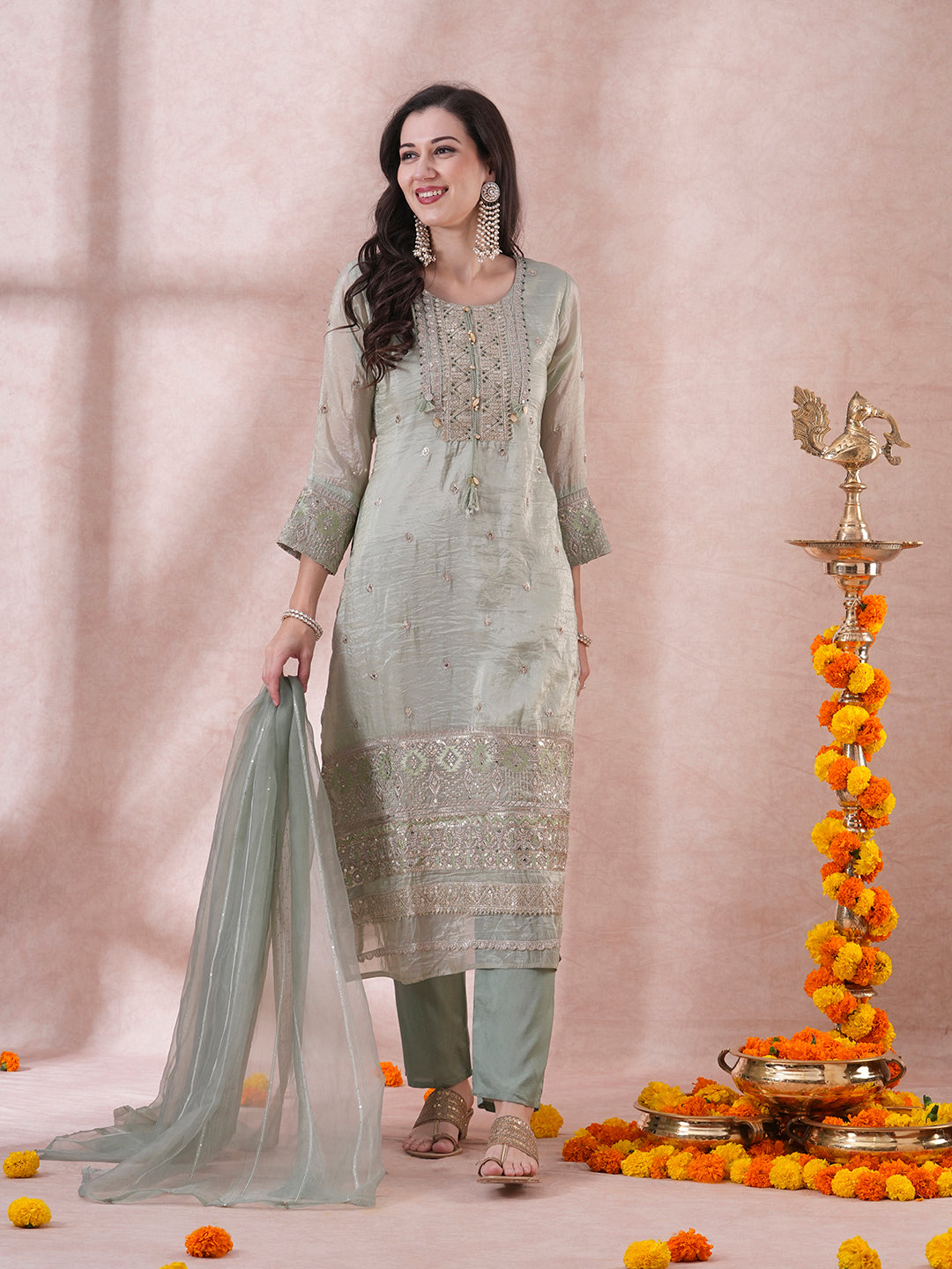 FASHOR Ethnic Embroidered Straight Fit Kurta with Pant and Dupatta - Mint Green