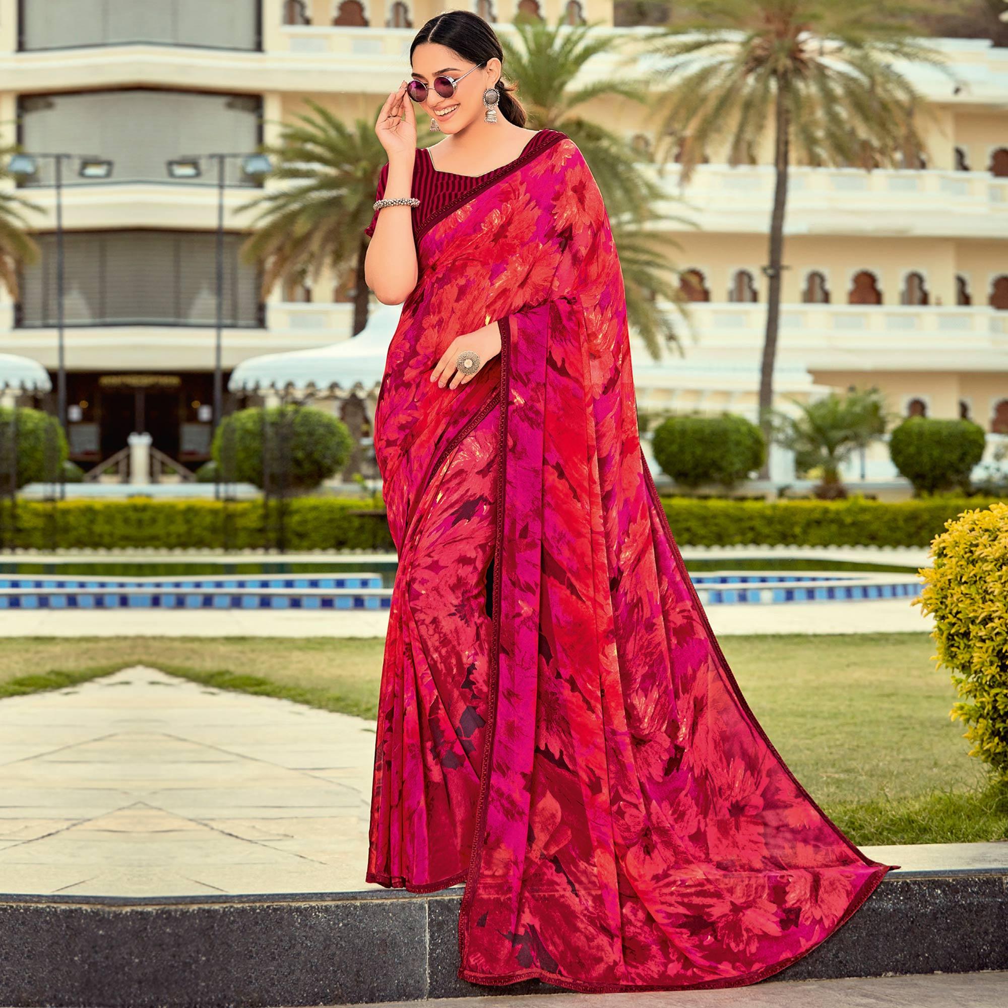 Peachmode Seller Coral Pink - Red Casual Wear Printed Georgette Saree