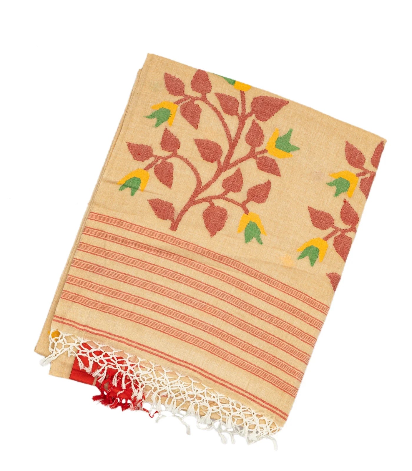 RmKV Beige Handloom Bengal Cotton Saree With Plus Buttas
