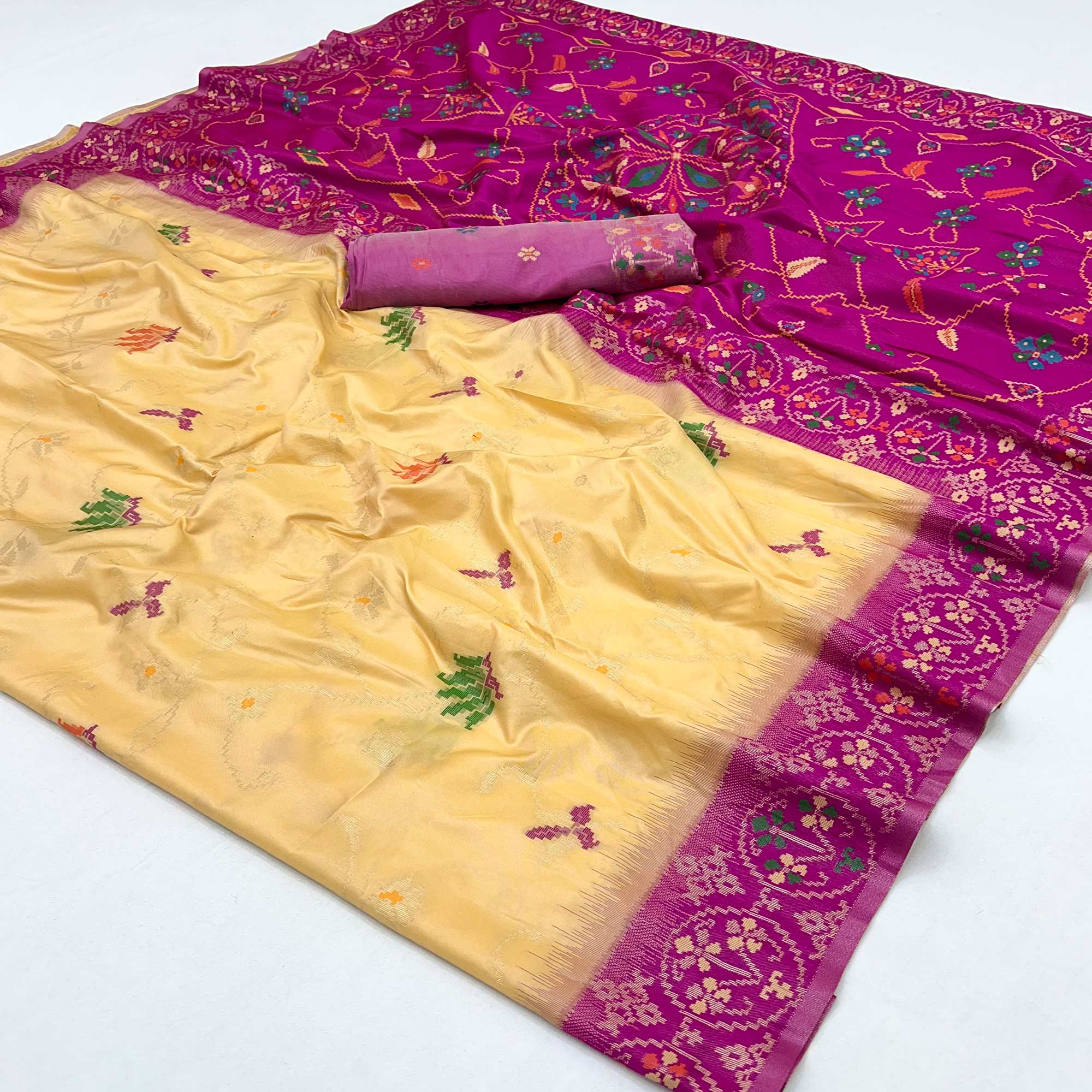 Peachmode Light Yellow & Pink Floral Woven Pure Silk Saree