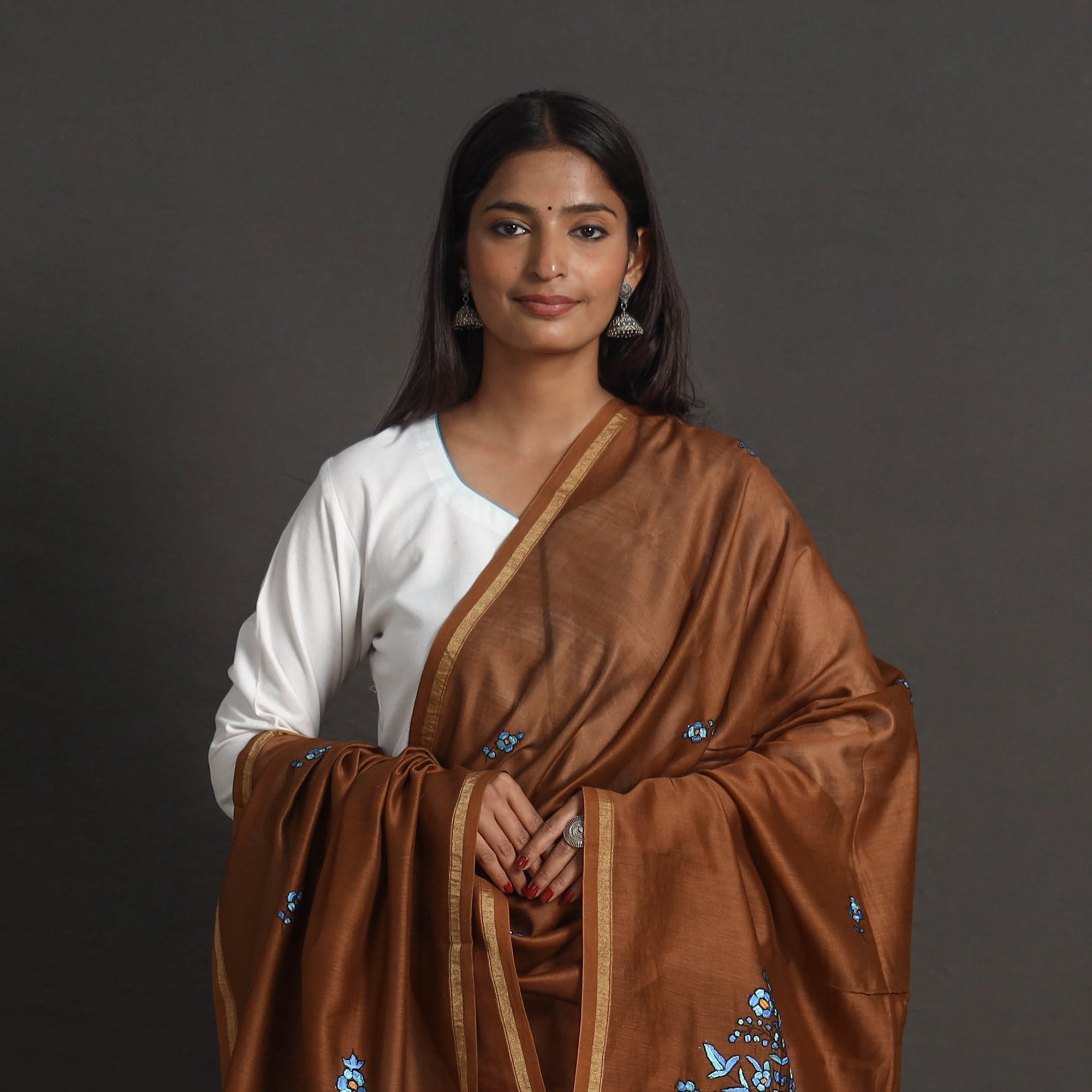 ITOKRI CRAFTS INITIATIVE Brown - Handloom Chanderi Silk Kashida Embroidery Dupatta 16 - view 3