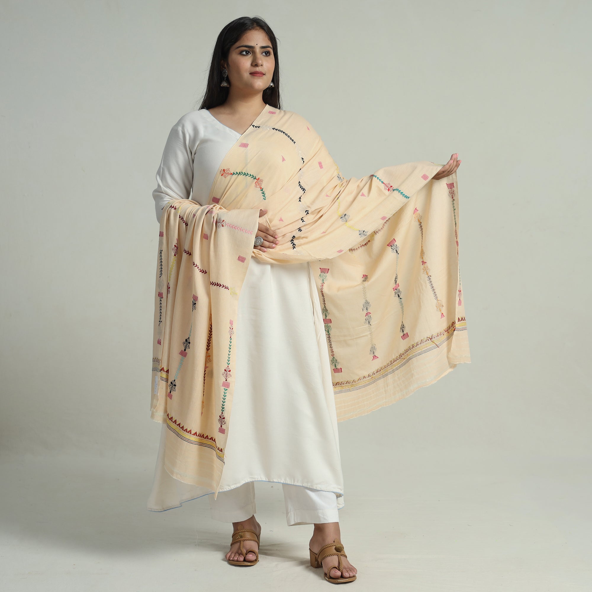 KHUSHBASH - HAPPY LOOM OF EAST Beige - Bengal Kantha Embroidery Silk Cotton Dupatta 05 - view 2