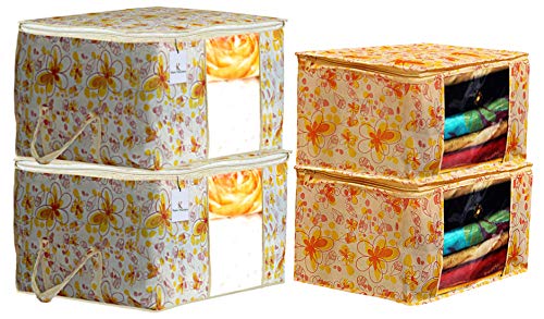 Kuber Industries Flower Printed Non Woven 2 Pieces Saree Cover and 2 Pieces Underbed Storage Bag, Cloth Organizer for Storage, Blanket Cover Combo Set