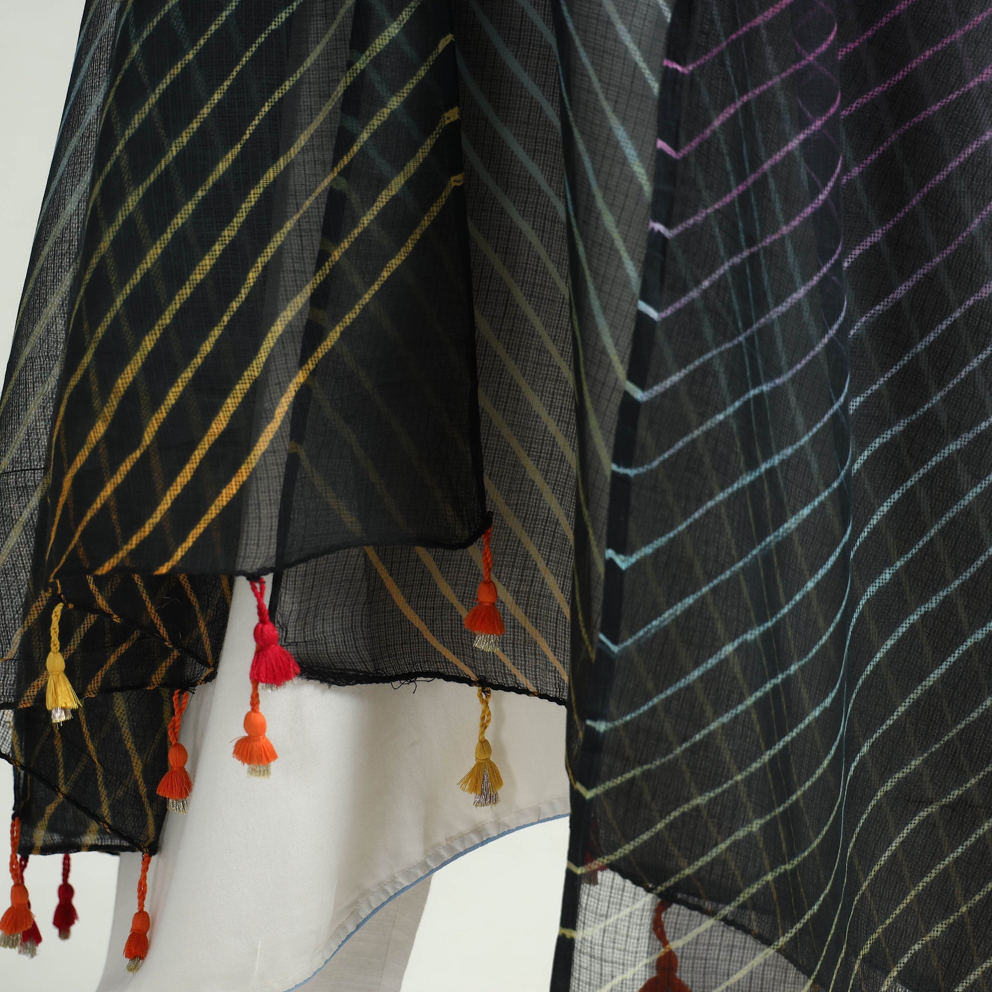 LEHARIYA BY BADSHAH MIYAN Black - Leheriya Tie-Dye Kota Doria Cotton Dupatta with Tassels 62 - view 4