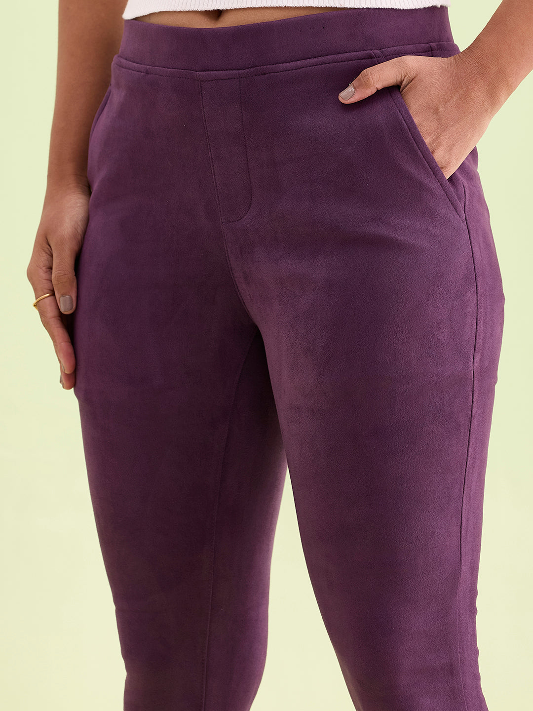 Go Colors Women Solid Purple Mid Rise Suede Treggings - view 2