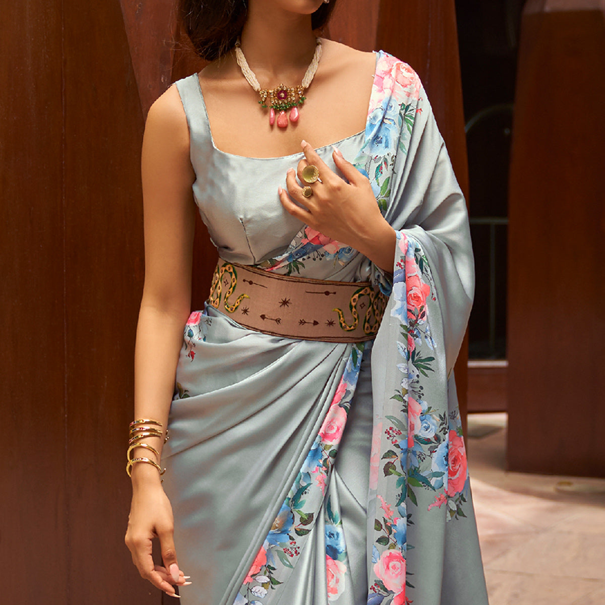 BlackTree grey-floral-digital-printed-satin-saree - view 3