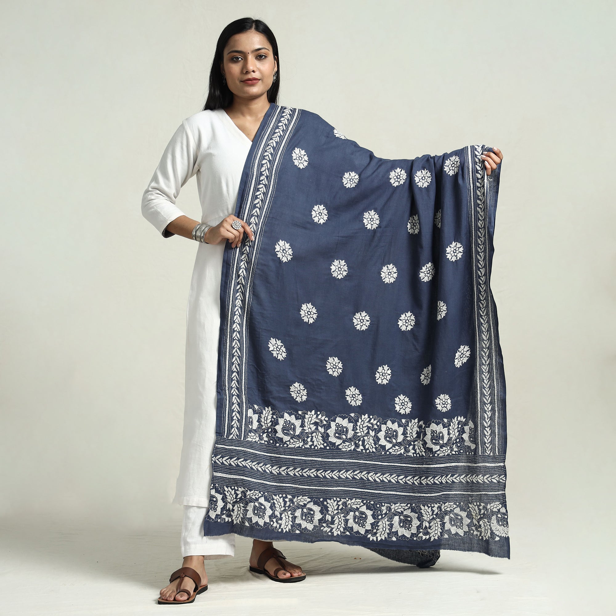 KHUSHBASH - HAPPY LOOM OF EAST Blue - Bolpur Kantha Embroidery Cotton Handloom Dupatta with Tassels