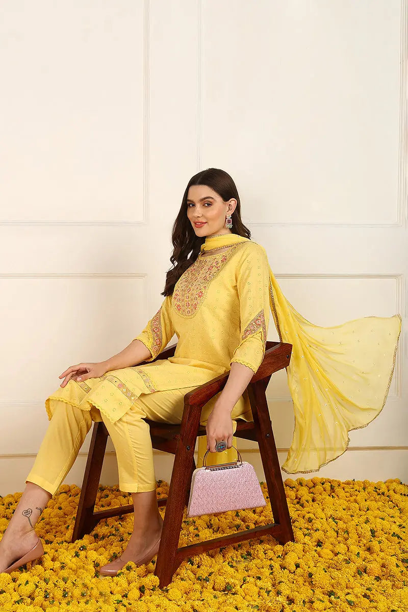 Ahika Yellow Cotton Embroidered Straight Suit Set JPSKD1052YLW - view 3