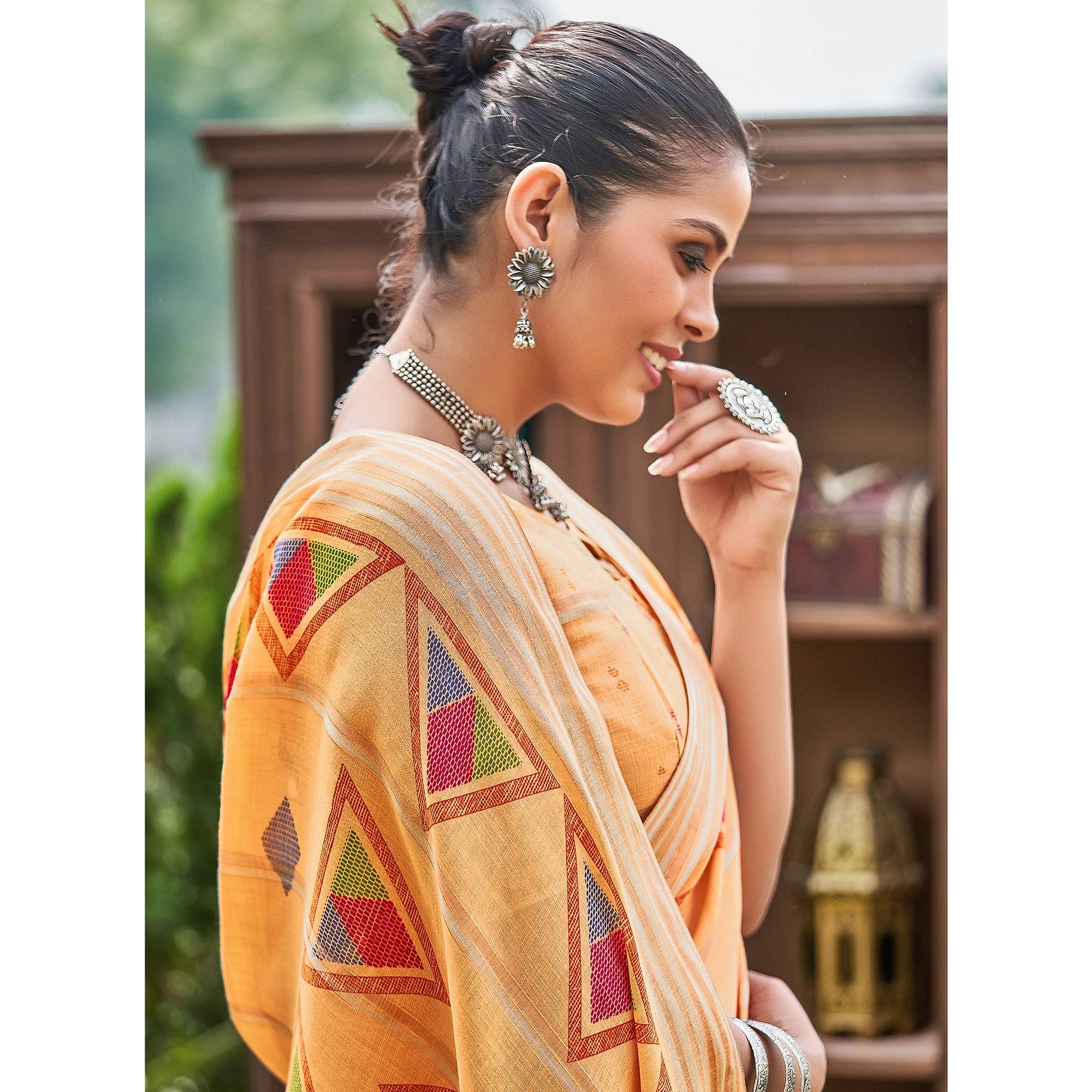 Peachmode Light Orange Geometric Printed Linen Saree - view 2