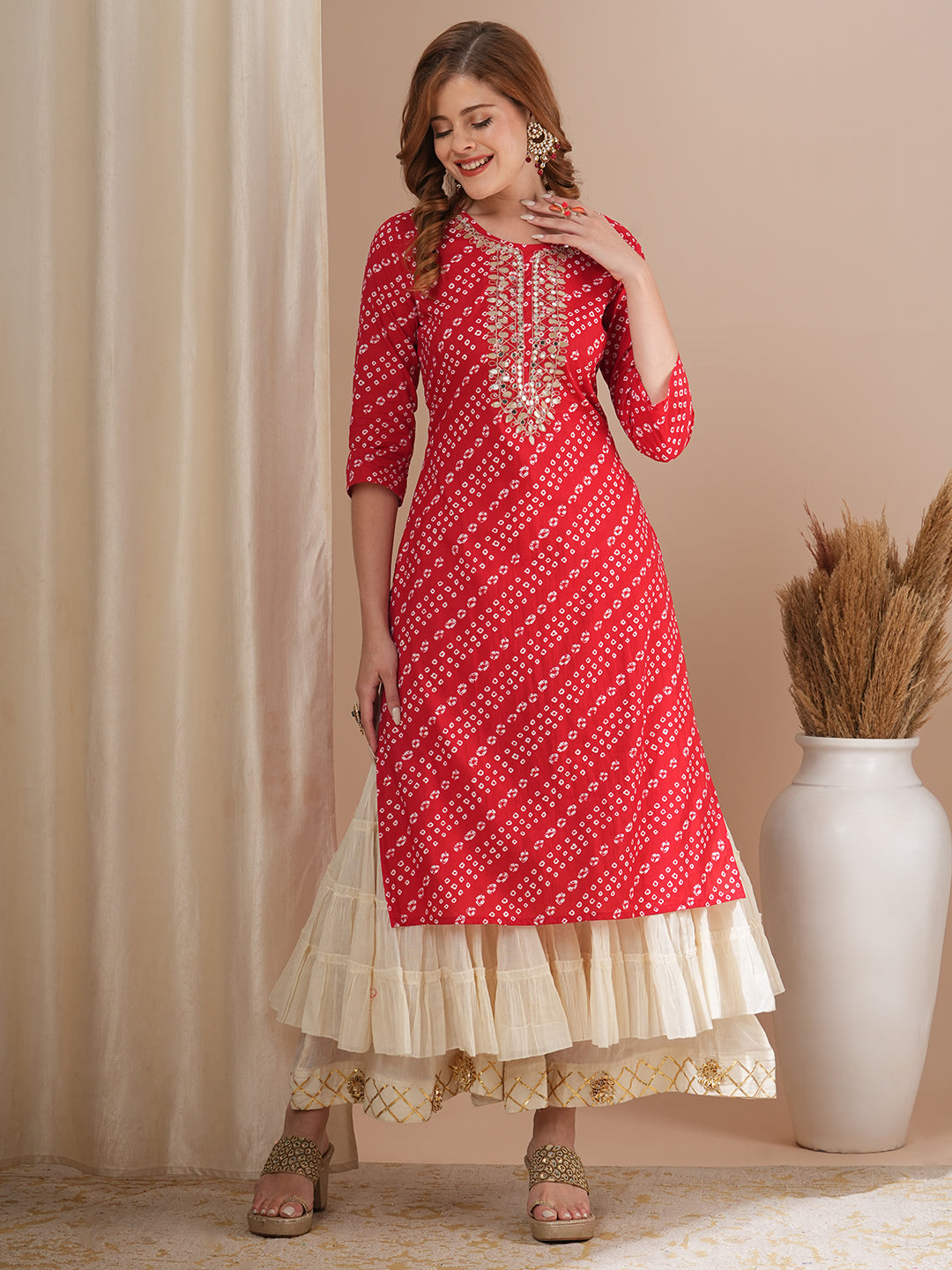 FASHOR Bandhani Printed & Gota Patti Embroidered Straight Fit Kurta - Red - view 3