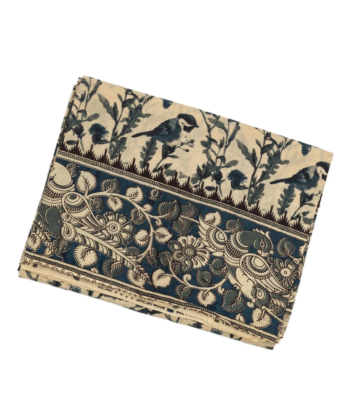 RmKV Cream Cotton Saree With Blue Kalamkari Print