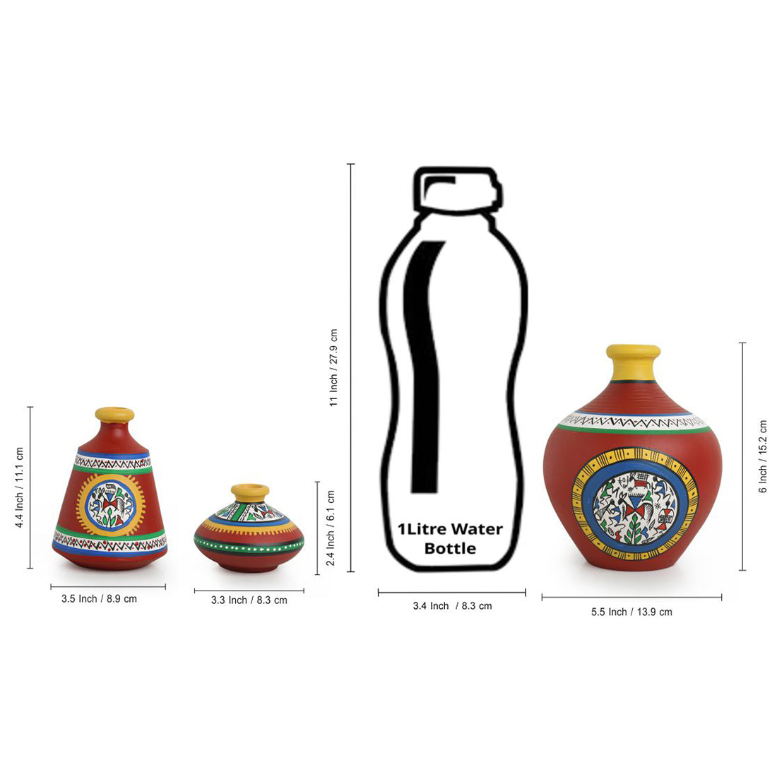 EXCLUSIVELANE 'Warli Red Matkis' Handpainted Terracotta Vases (Set of 3) - view 7