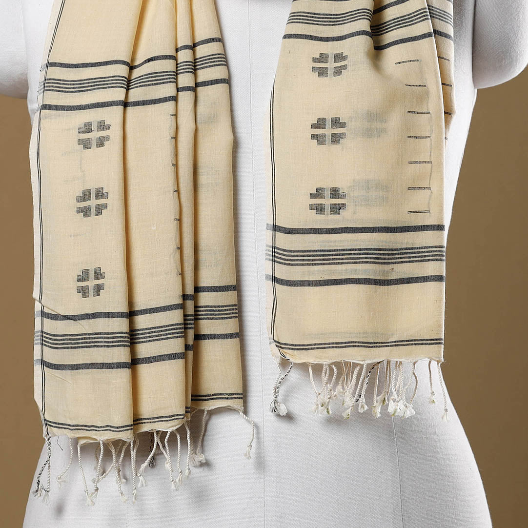 KHUSHBASH - HAPPY LOOM OF EAST Beige - Burdwan Jamdani Buti Handloom Cotton Stole with Tassels - view 2