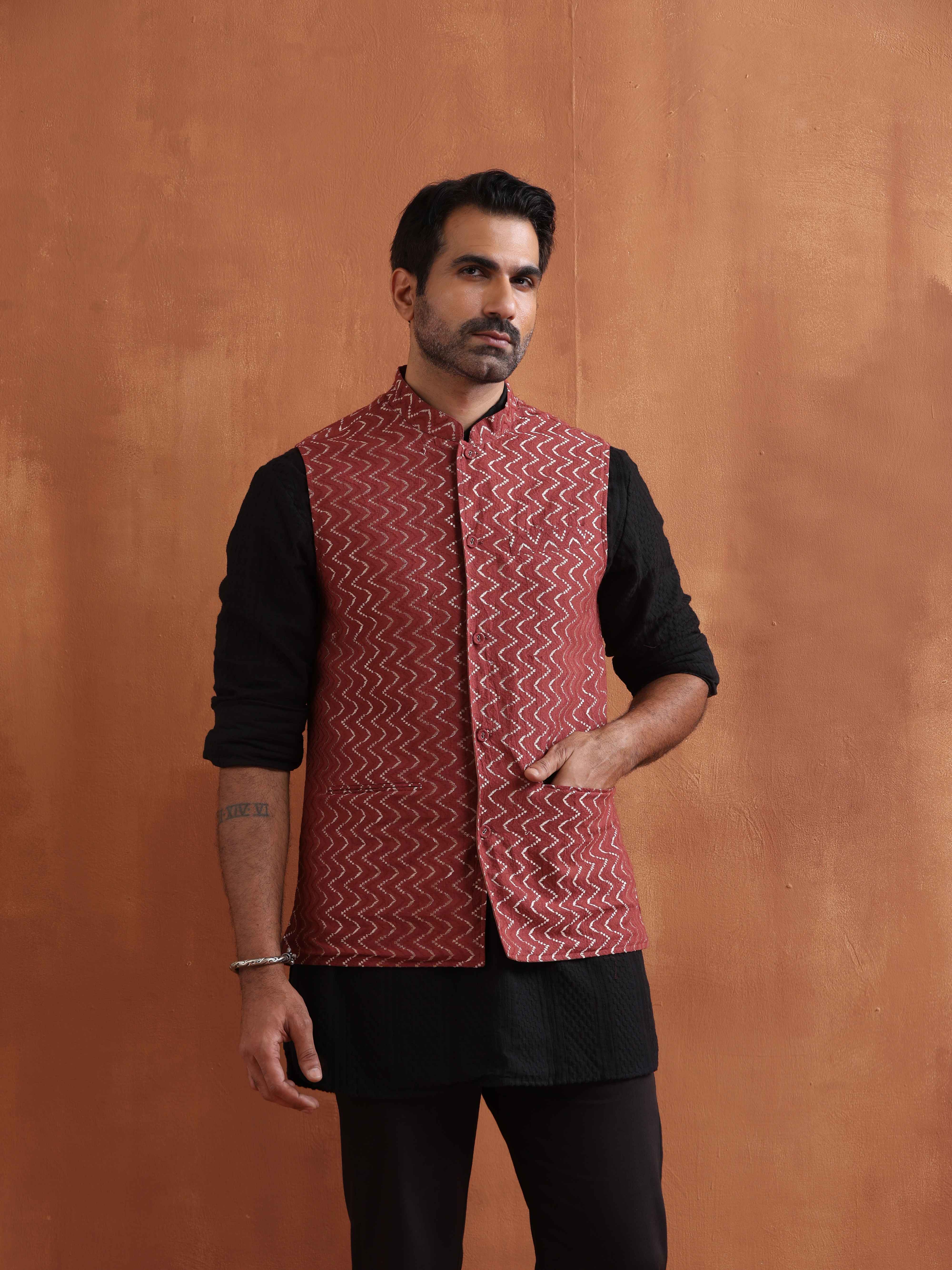 trueBrowns Men's Rust Cotton Dobby Nehru Jacket - view 2