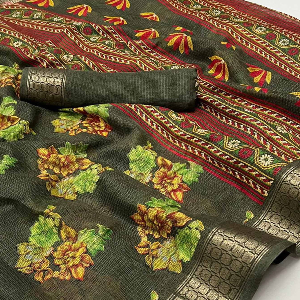 Peachmode Mehandi Green Floral Printed Cotton Silk Saree - view 2