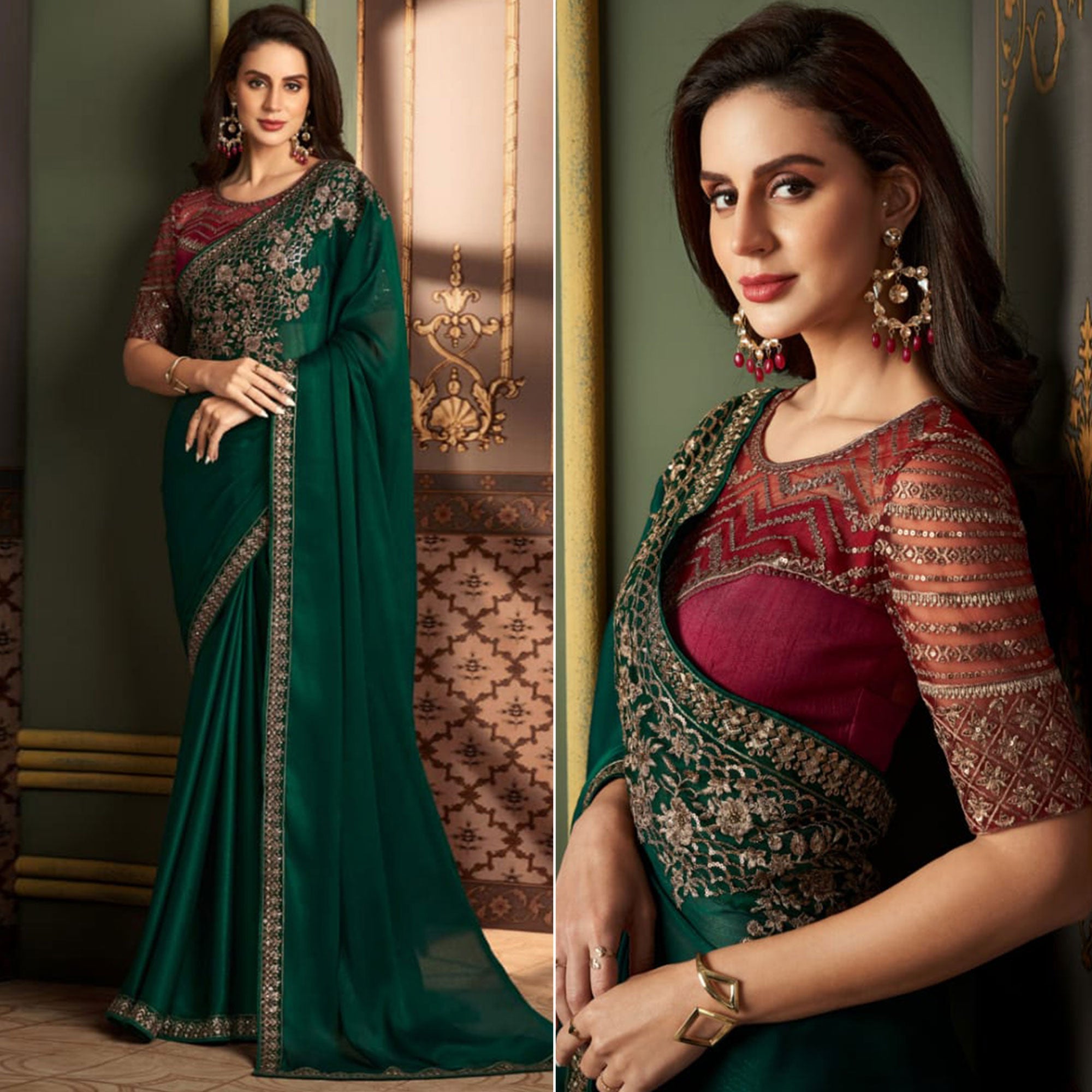 Peachmode Bottle Green Floral Sequins Embroidered Satin Saree