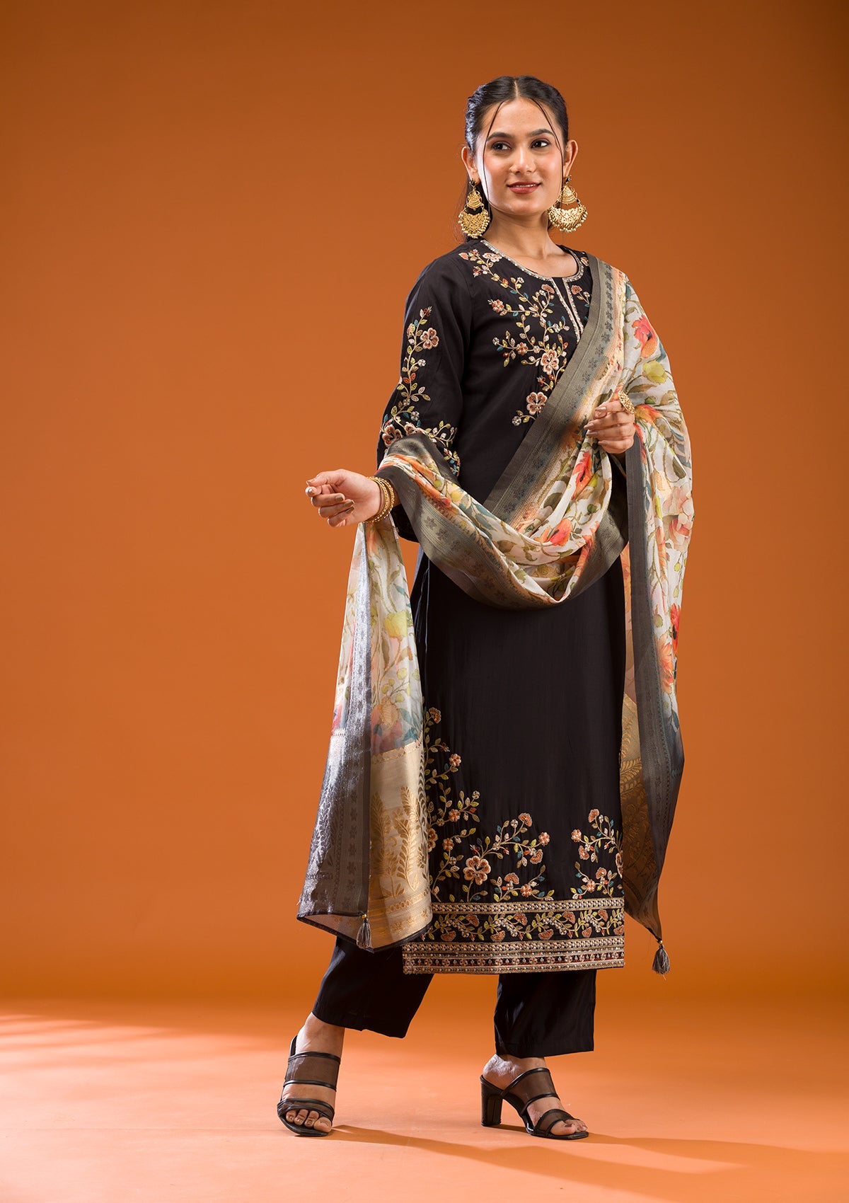 Koskii Black Threadwork Semi Crepe Readymade Salwar Suit