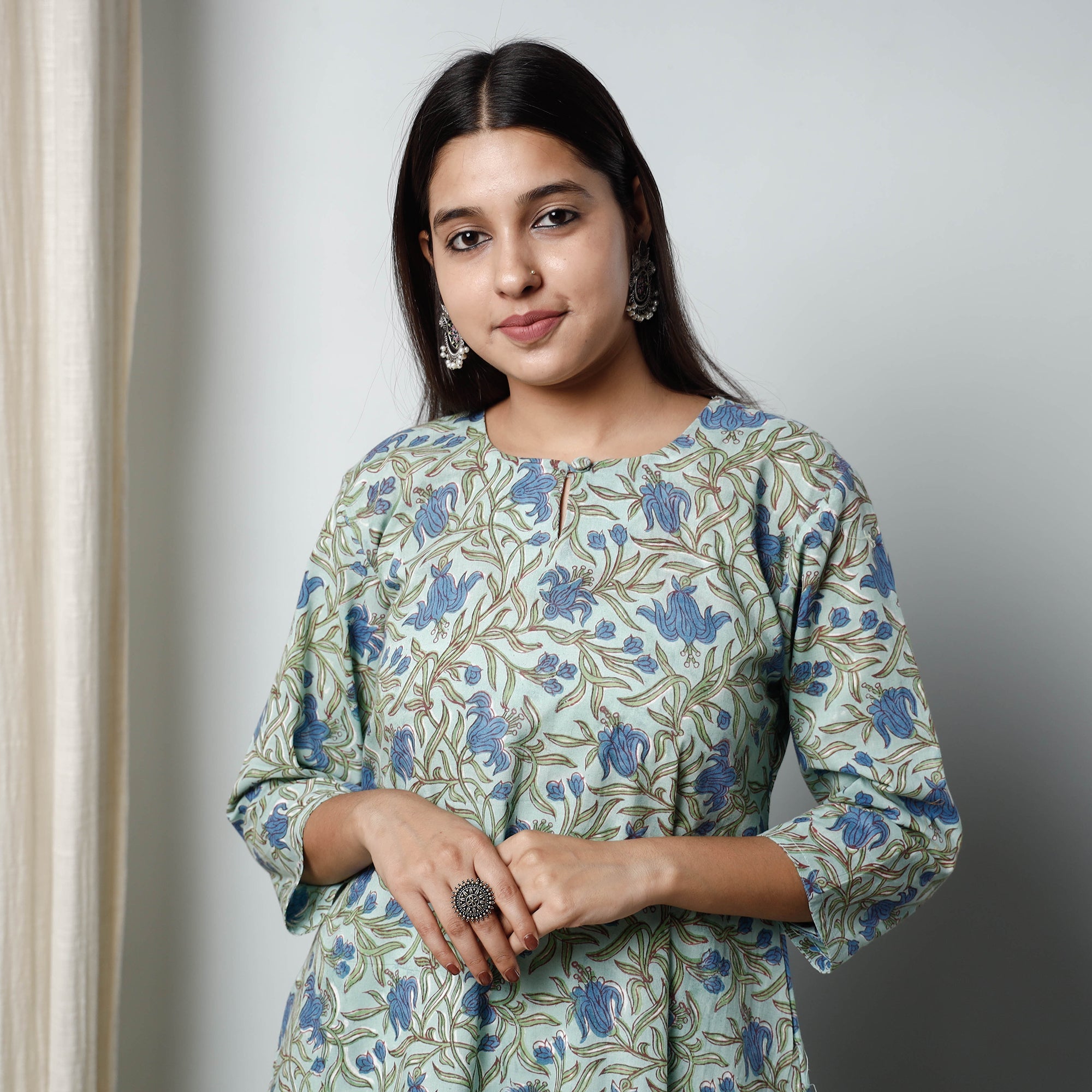 ITOKRI CASUALS Green - - Sanganeri Block Printed Cotton A-Line Long Kurta