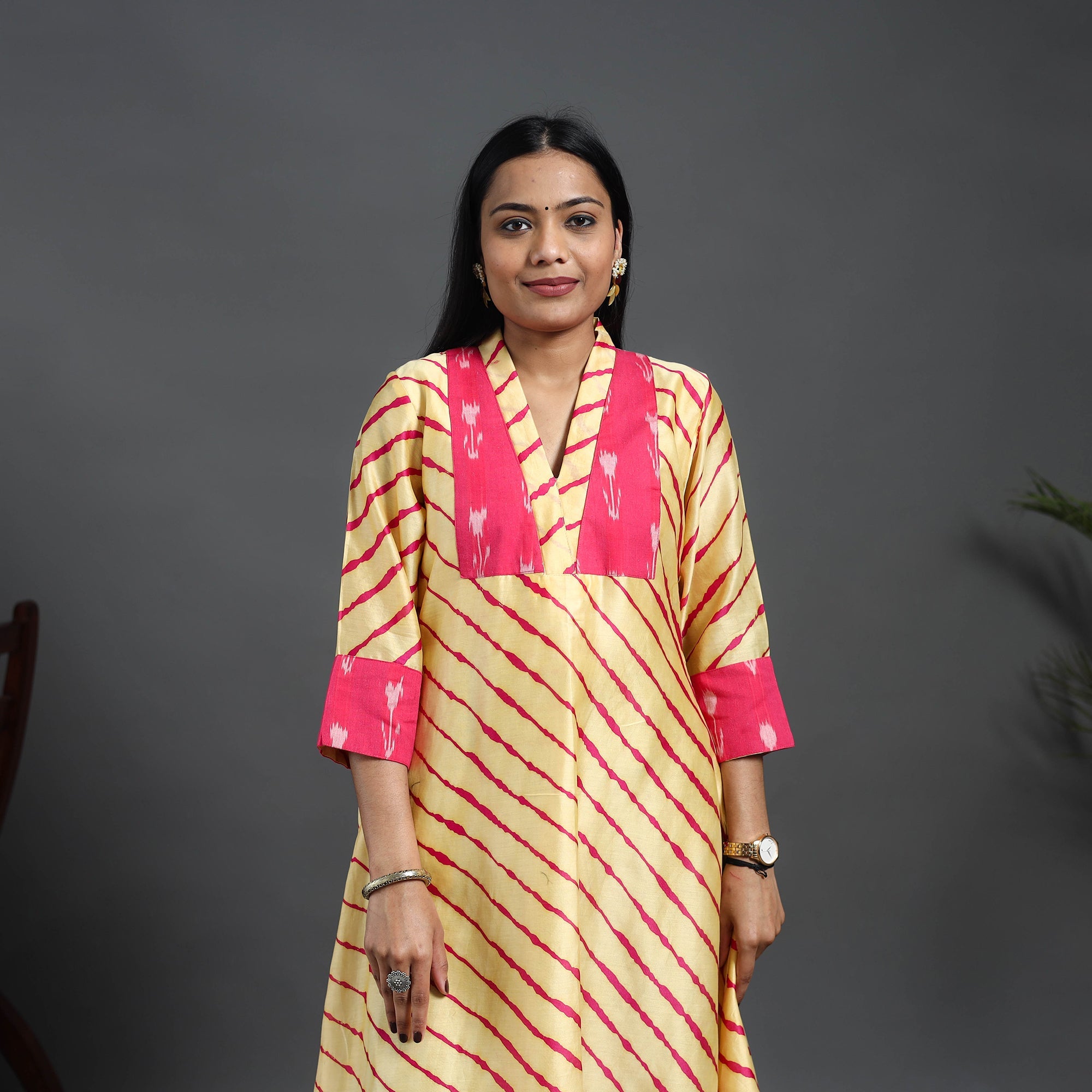 ITOKRI CASUALS Beige - Chanderi Silk A-Line Patchwork Tie-Dye Leheriya Kurta 05 - view 2