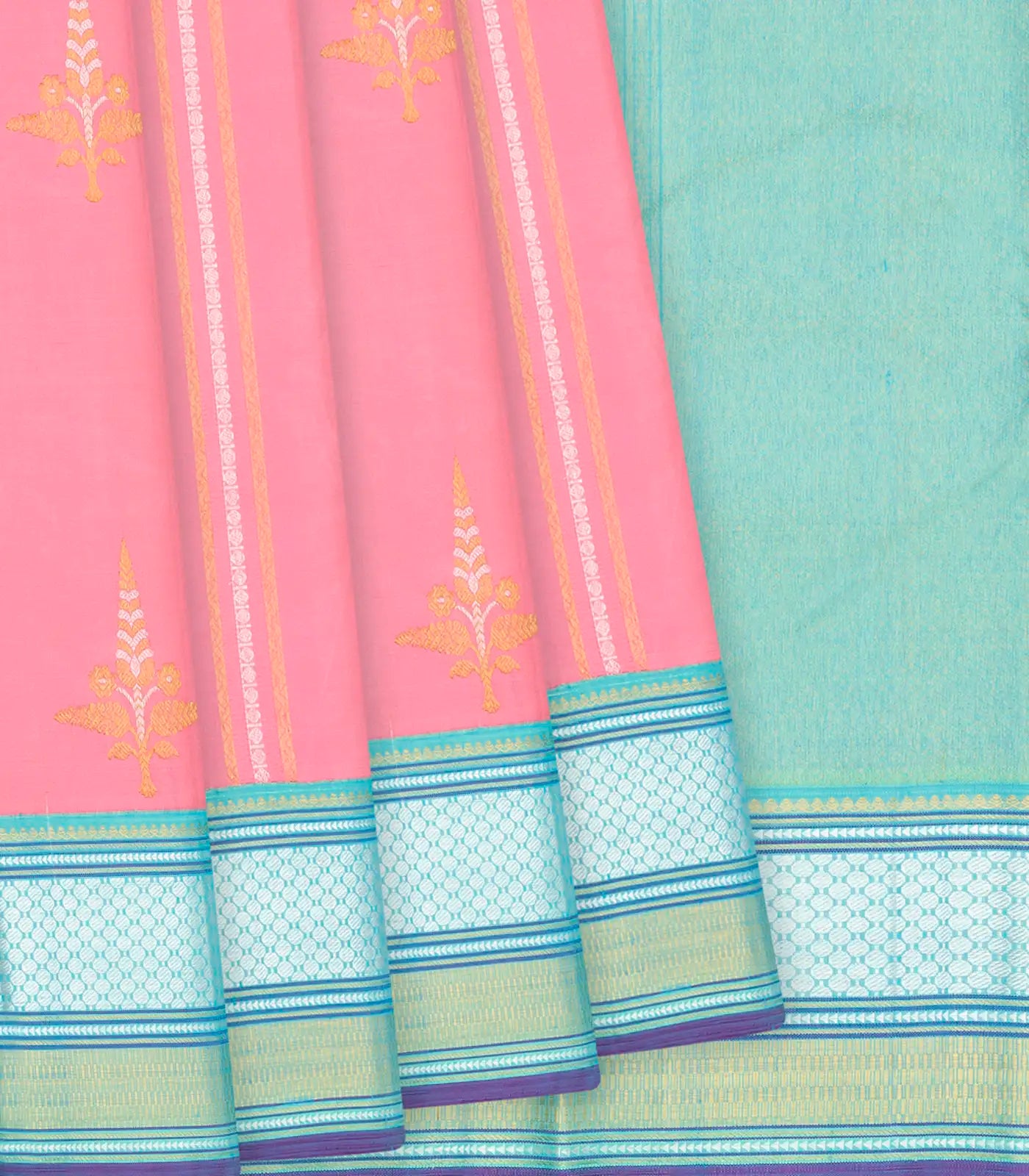 RmKV Baby Pink Handloom Kanchipuram Korvai Silk Saree With Floral Butta & Turquoise Border-Baby Pink