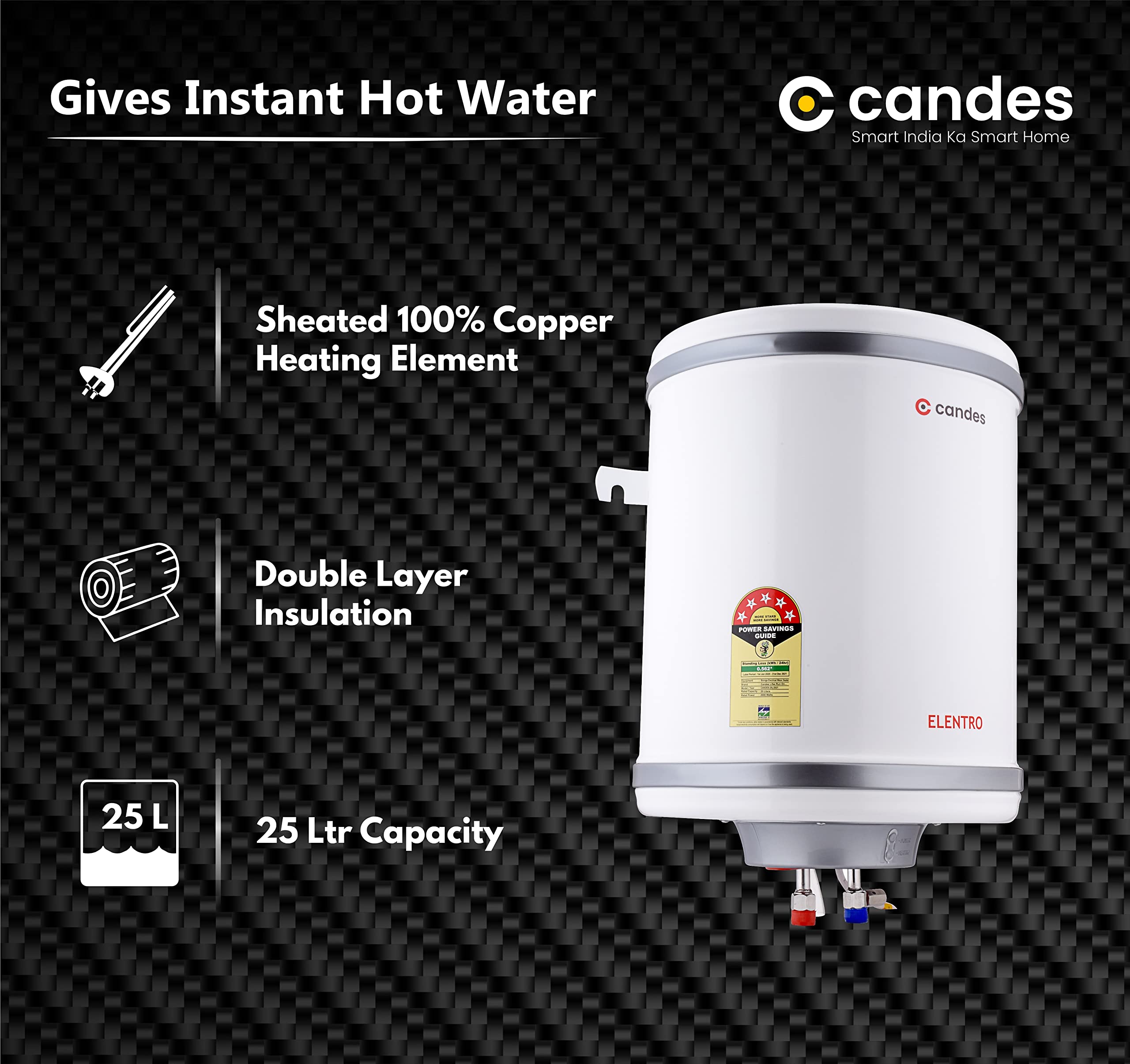 Candes 25 Litre Elentro 5 Star Rated Automatic Instant Storage Electric Water Heater with Special Metal Body Anti Rust Coating With Installation Kit, - view 4