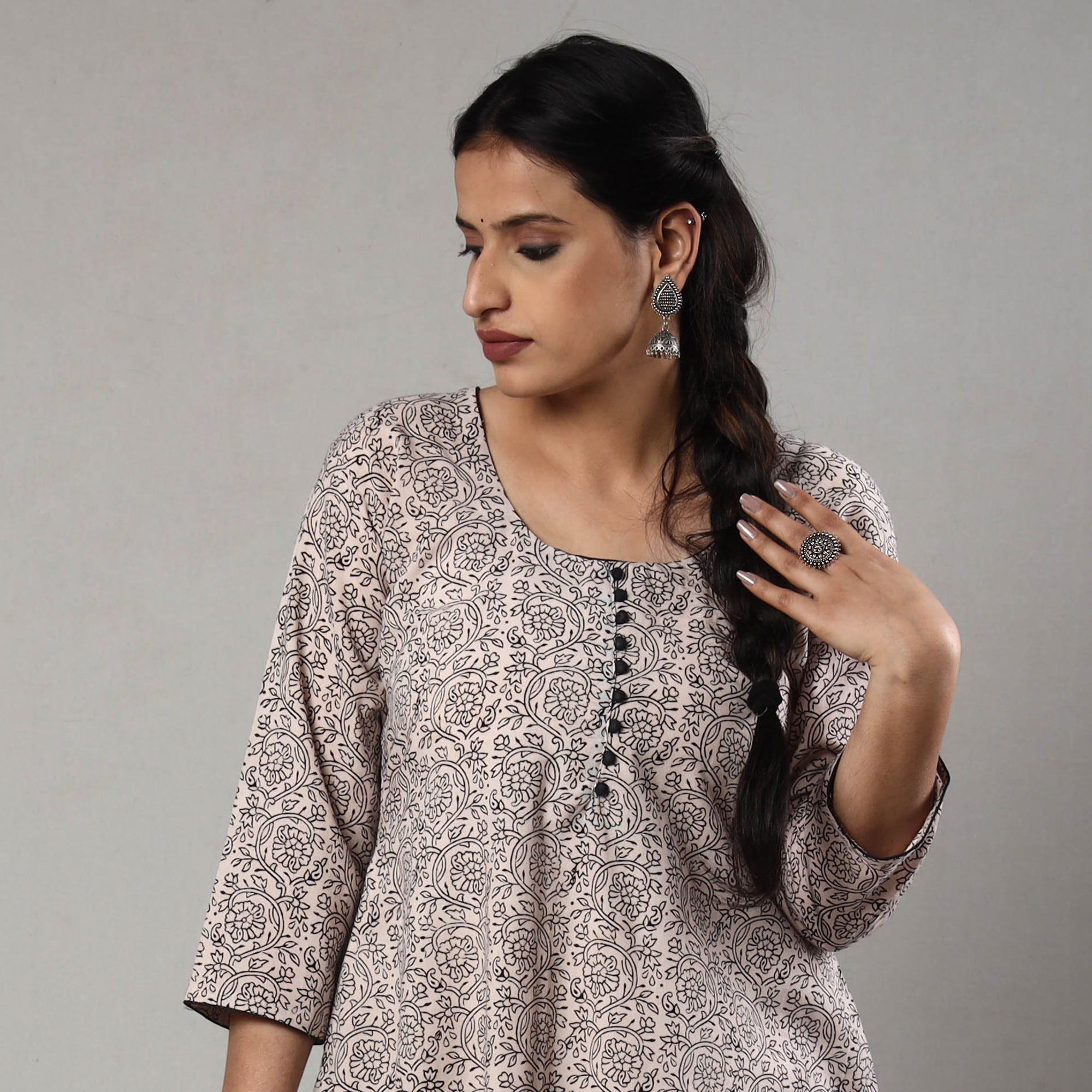 ITOKRI CASUALS Beige - White & Black - Block Print Cotton A-Line Bagh Kurta