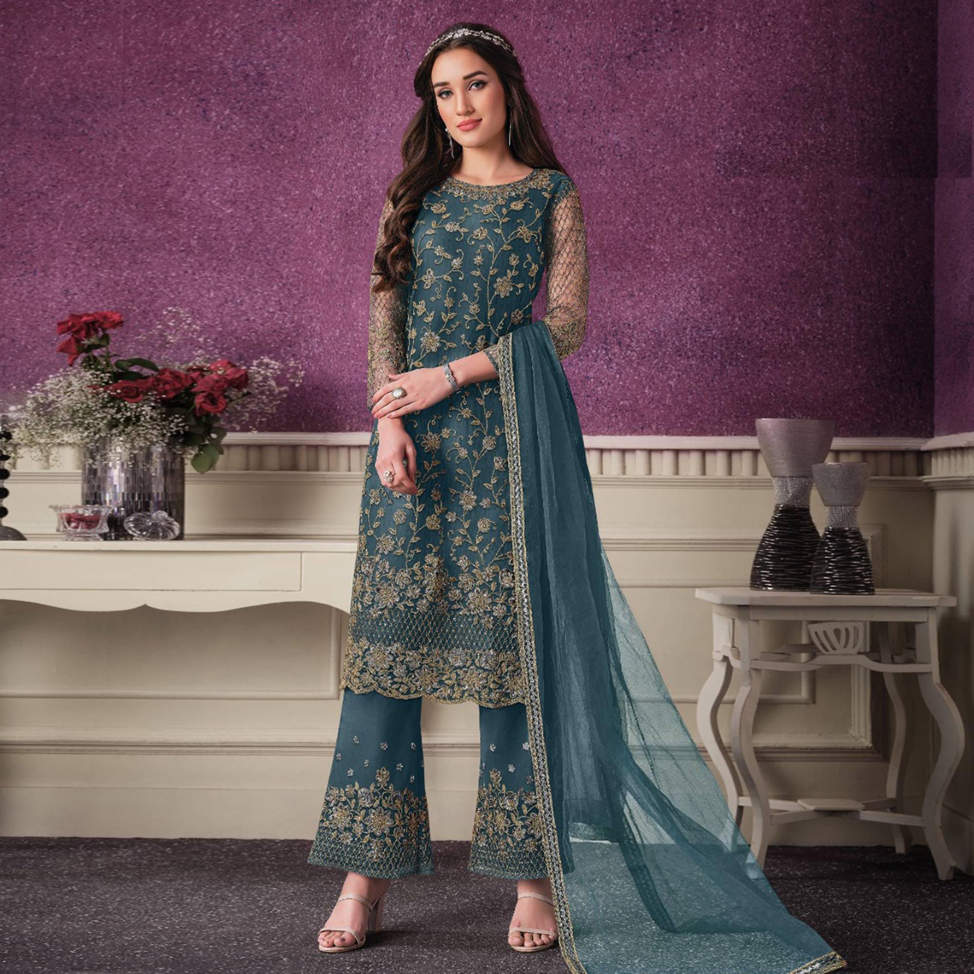 Peachmode Grey Partywear Embroidered Soft Net Suit
