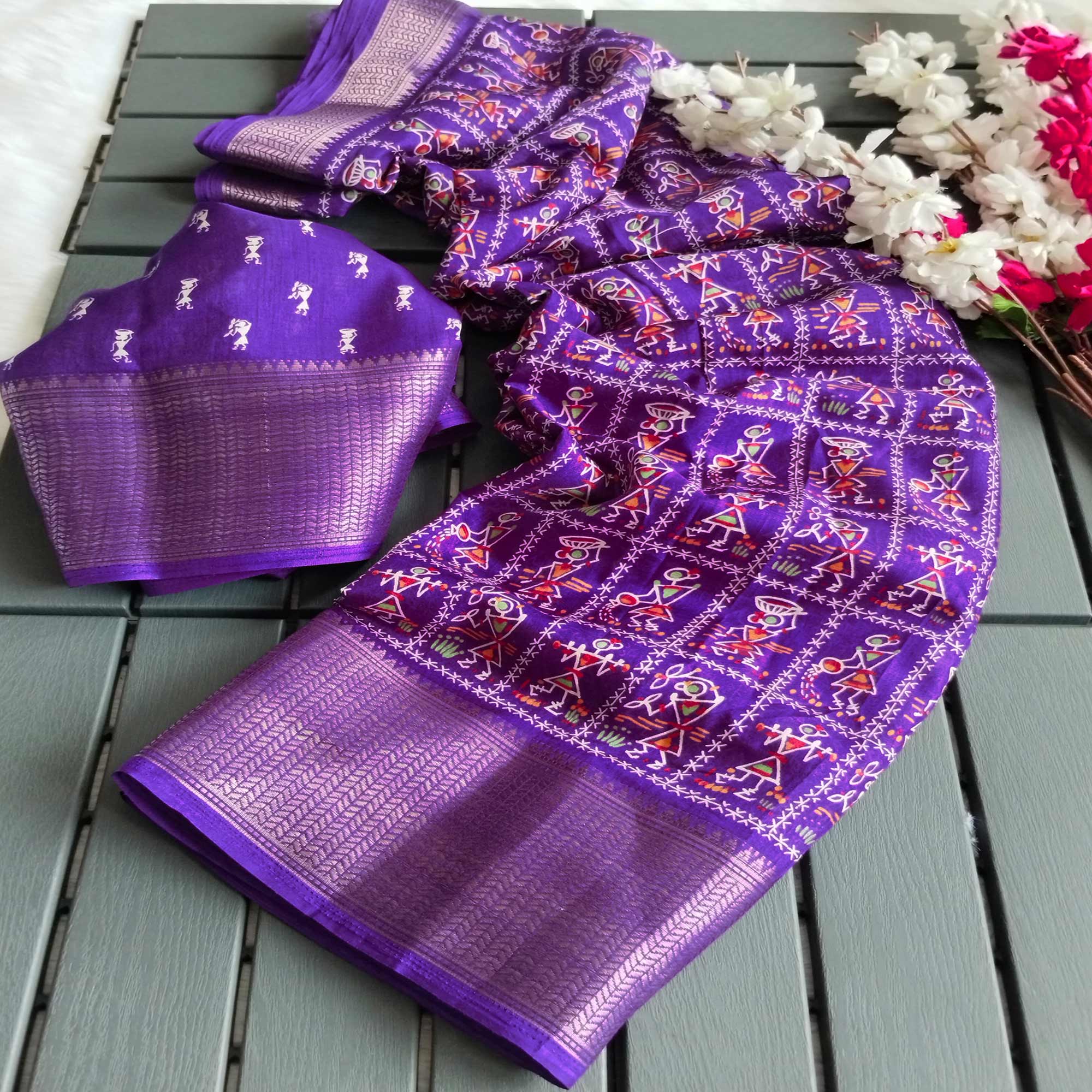 Peachmode Lavender Printed Dola Silk Saree With Zari Border