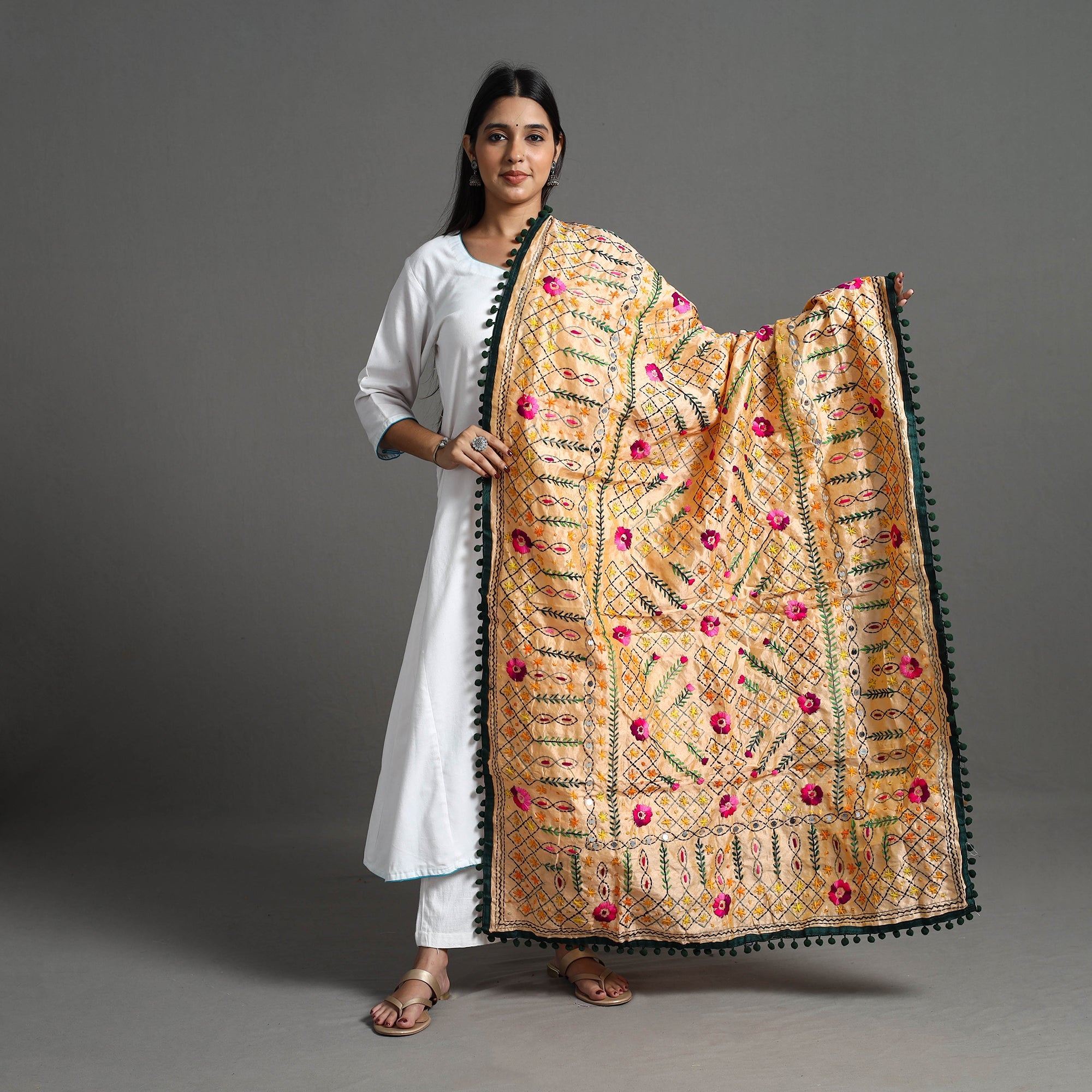 ITOKRI CRAFTS INITIATIVE Beige - Hand Embroidery Chanderi Silk Phulkari Dupatta 88