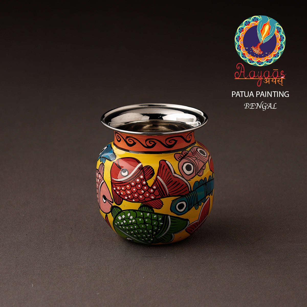 AAYAAS Bengal Patua Handpainted Stainless Steel Lota / Kalash / Container