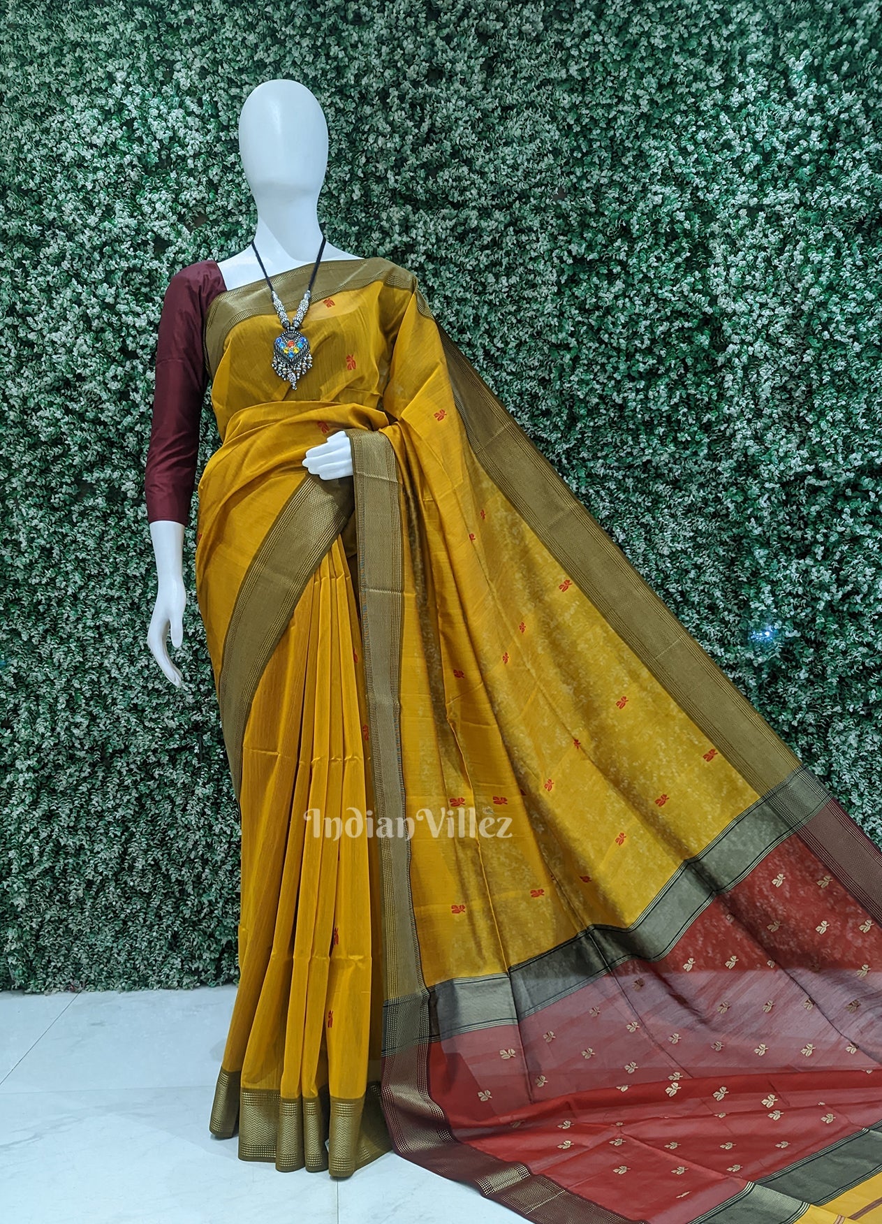 IndianVillèz Mustard Yellow Red Pure Silk Cotton Maheshwari Saree