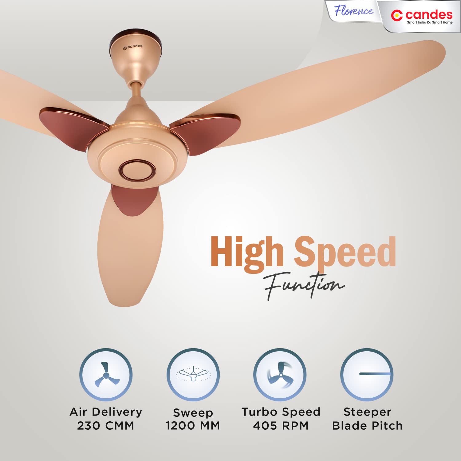 Candes Florence 1200mm/48 inch High Speed Anti-dust Decorative 3 Star Rated Ceiling Fan(100% CNC Winding) 405 RPM (2 Yrs Warranty) (Gold, Pack of 2) - view 3