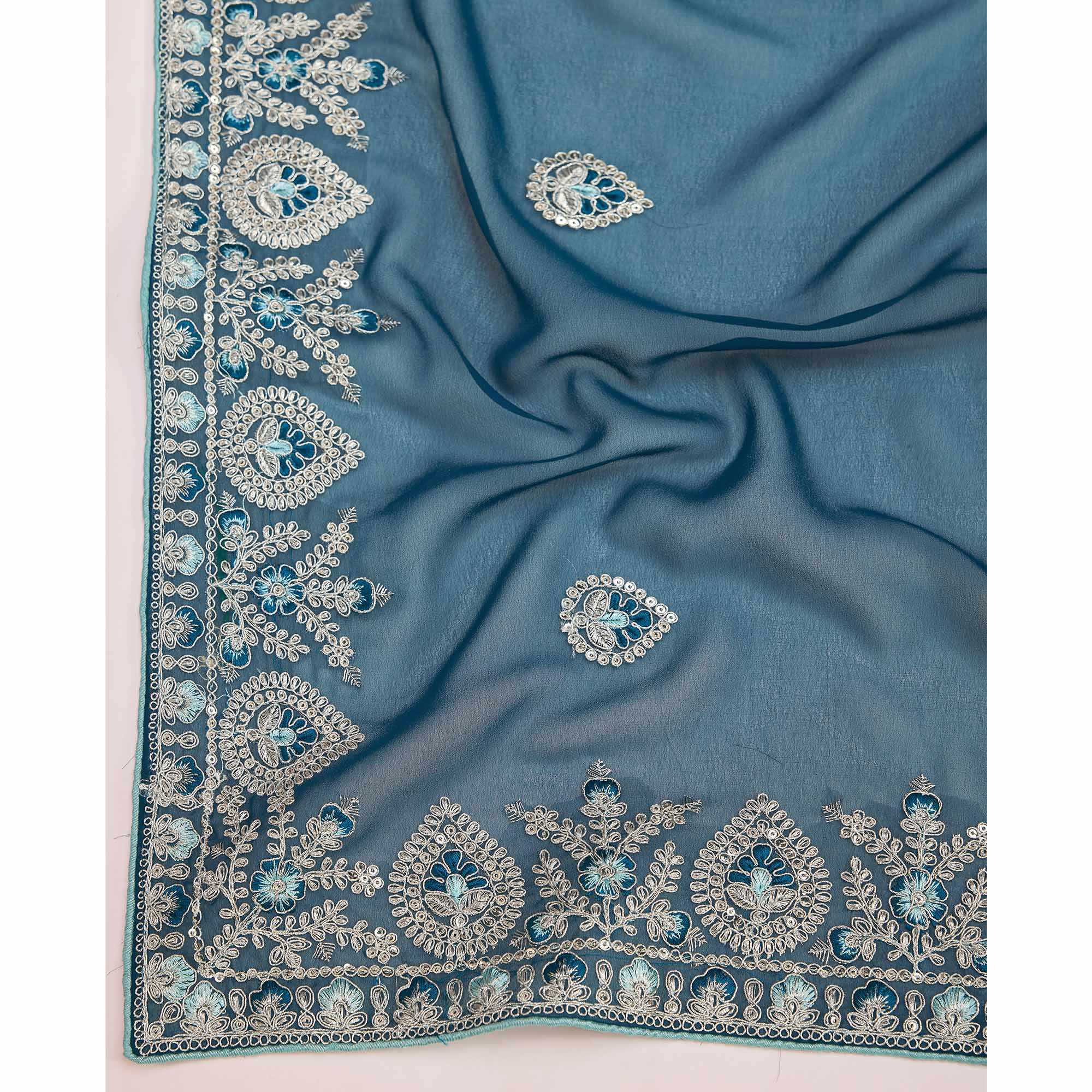 Peachmode Morpich Blue Floral Sequins Embroidered Georgette Saree - view 8